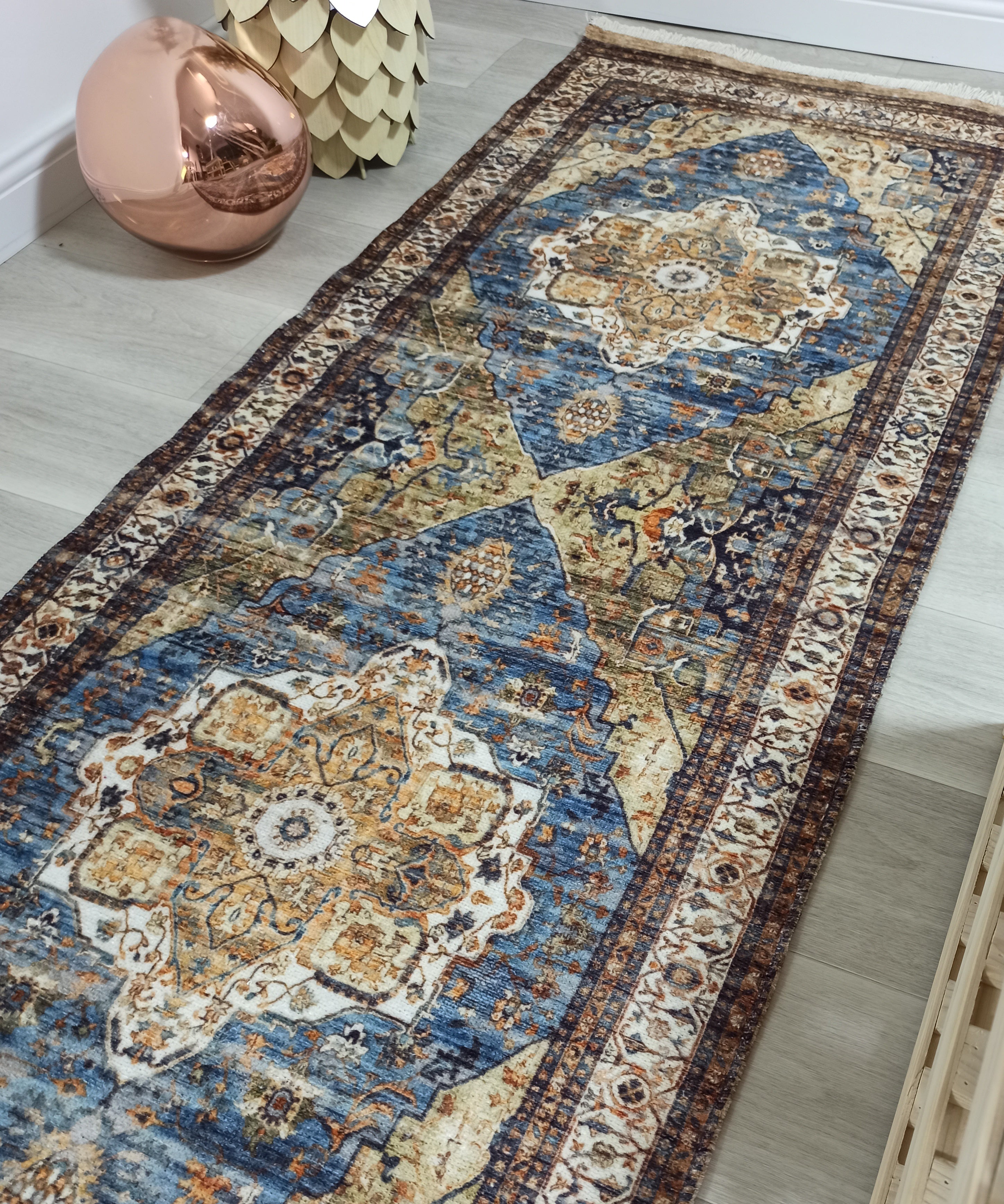 Nuran Turkish Vintage Medallion Style Brown Navy Blue Rug