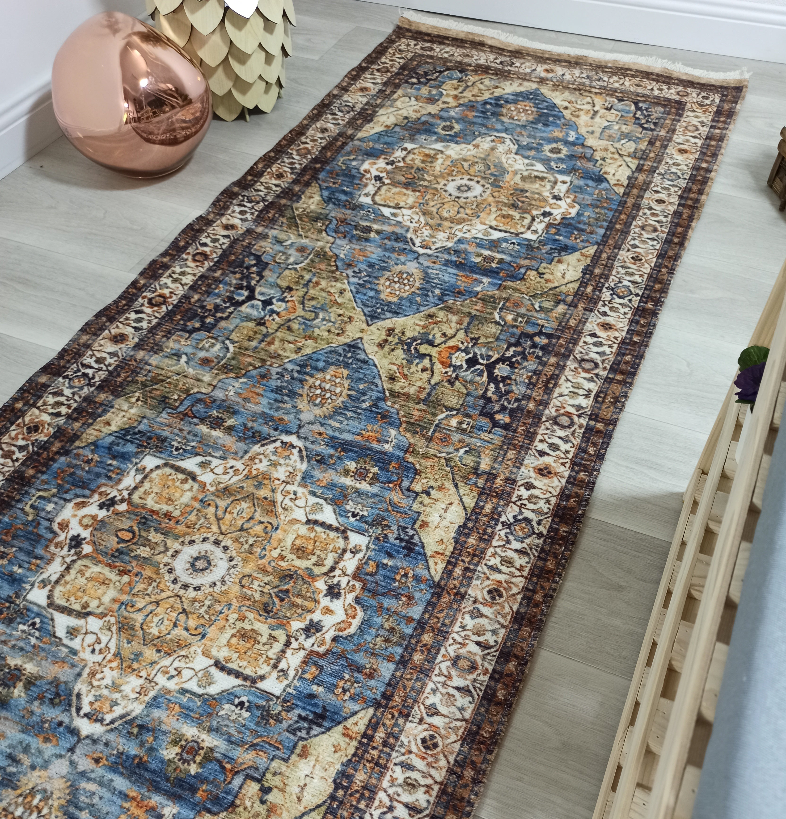 Nuran Turkish Vintage Medallion Style Brown Navy Blue Rug