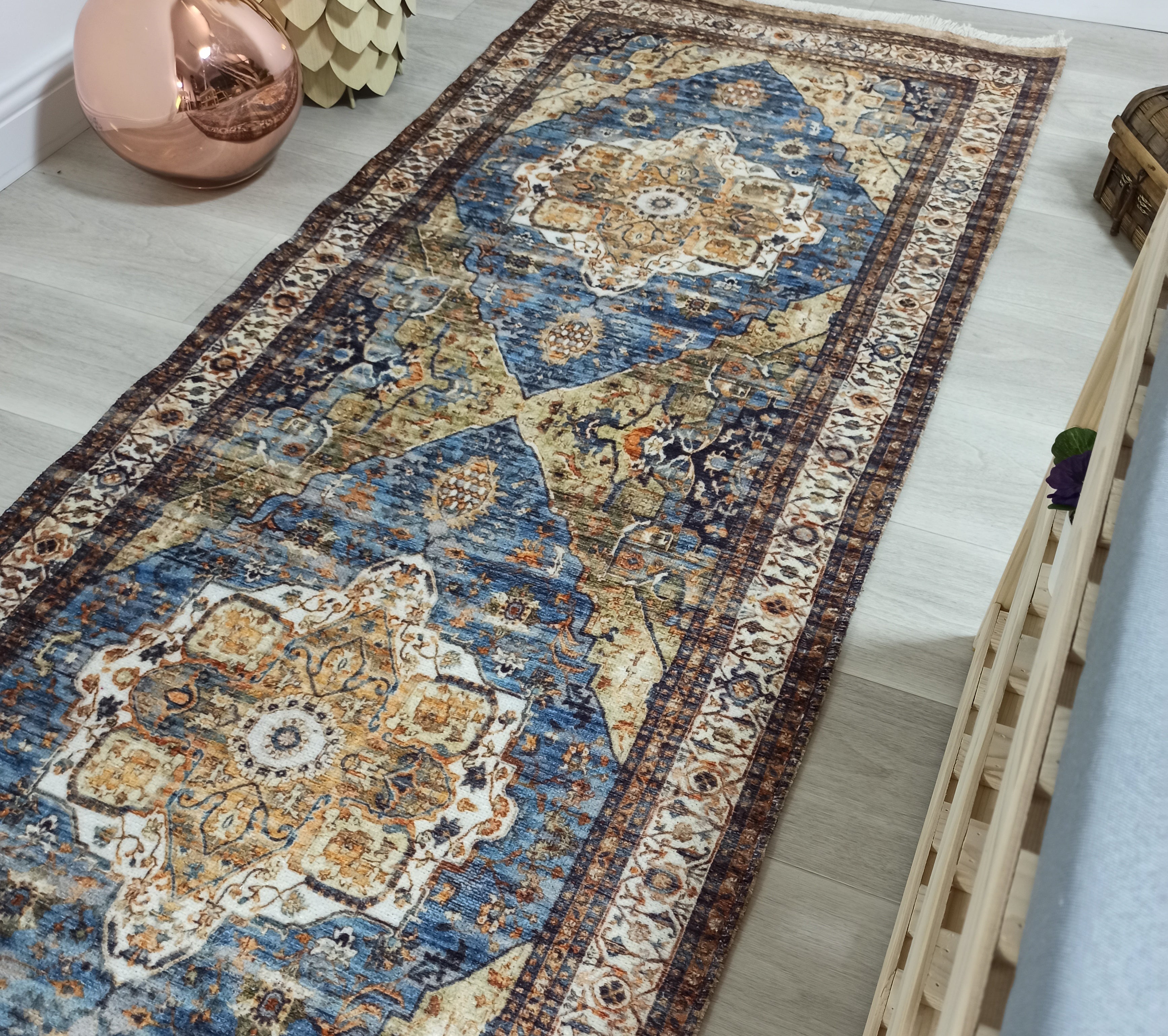 Nuran Turkish Vintage Medallion Style Brown Navy Blue Rug