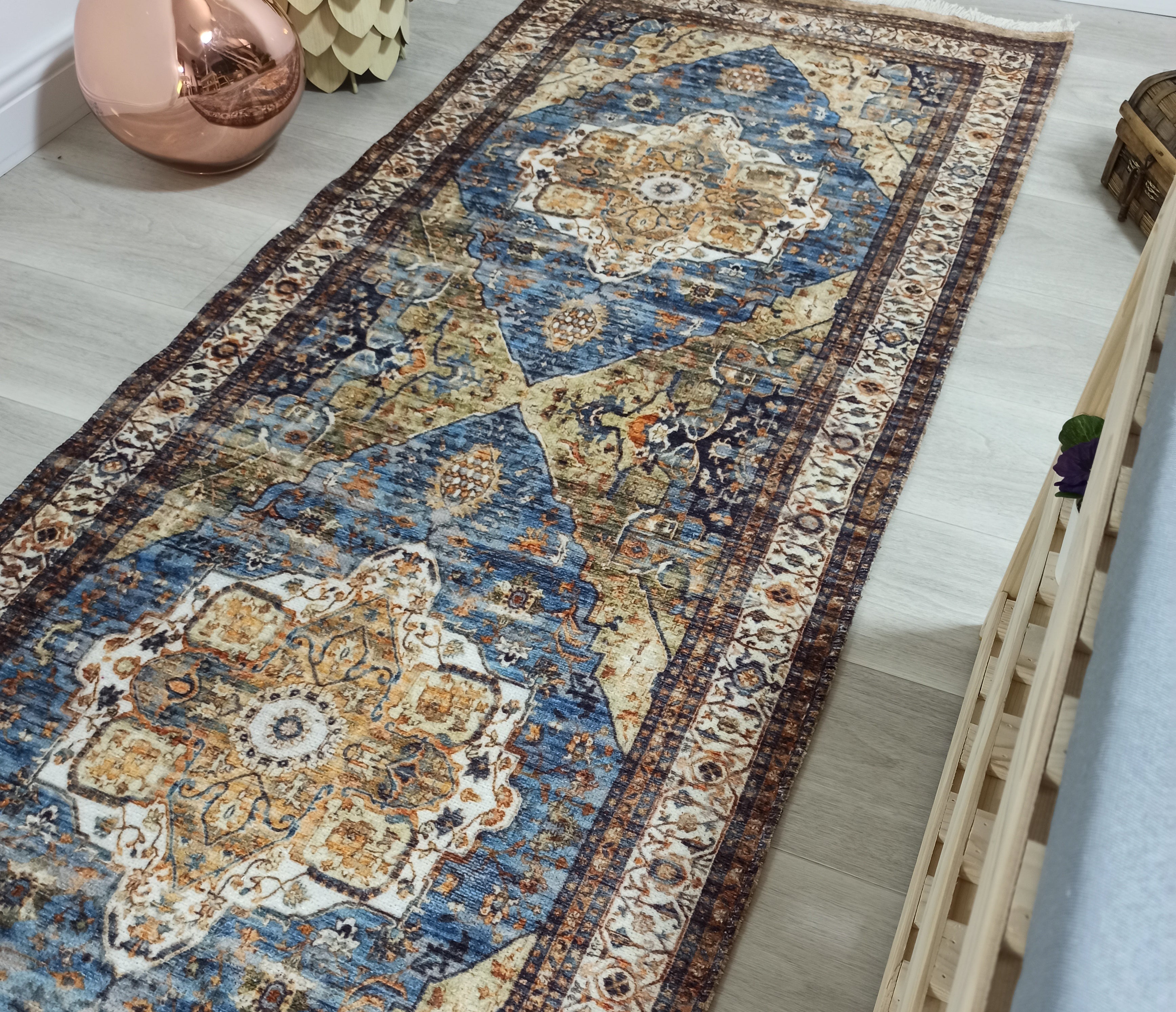 Nuran Turkish Vintage Medallion Style Brown Navy Blue Rug