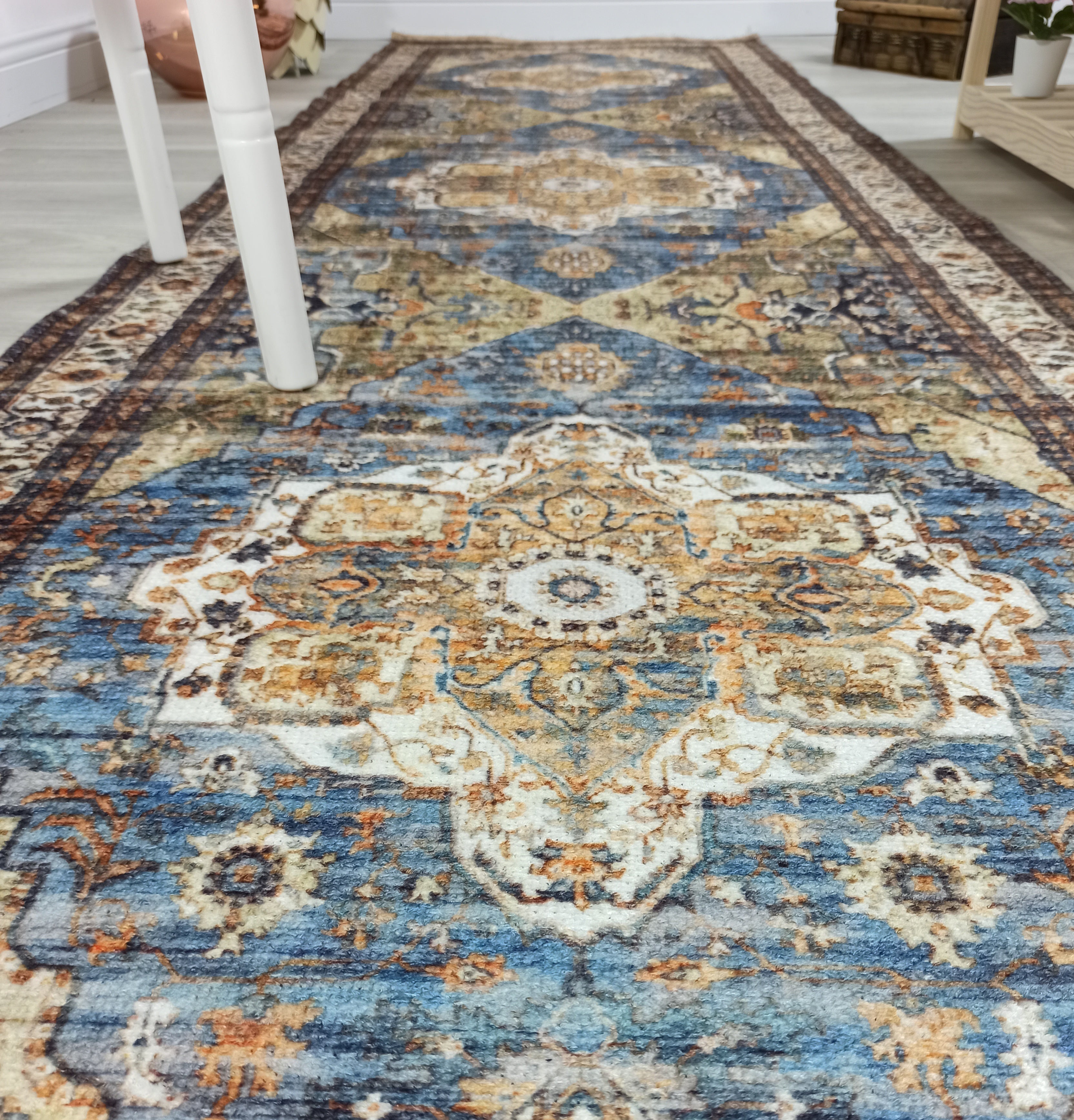 Nuran Turkish Vintage Medallion Style Brown Navy Blue Rug
