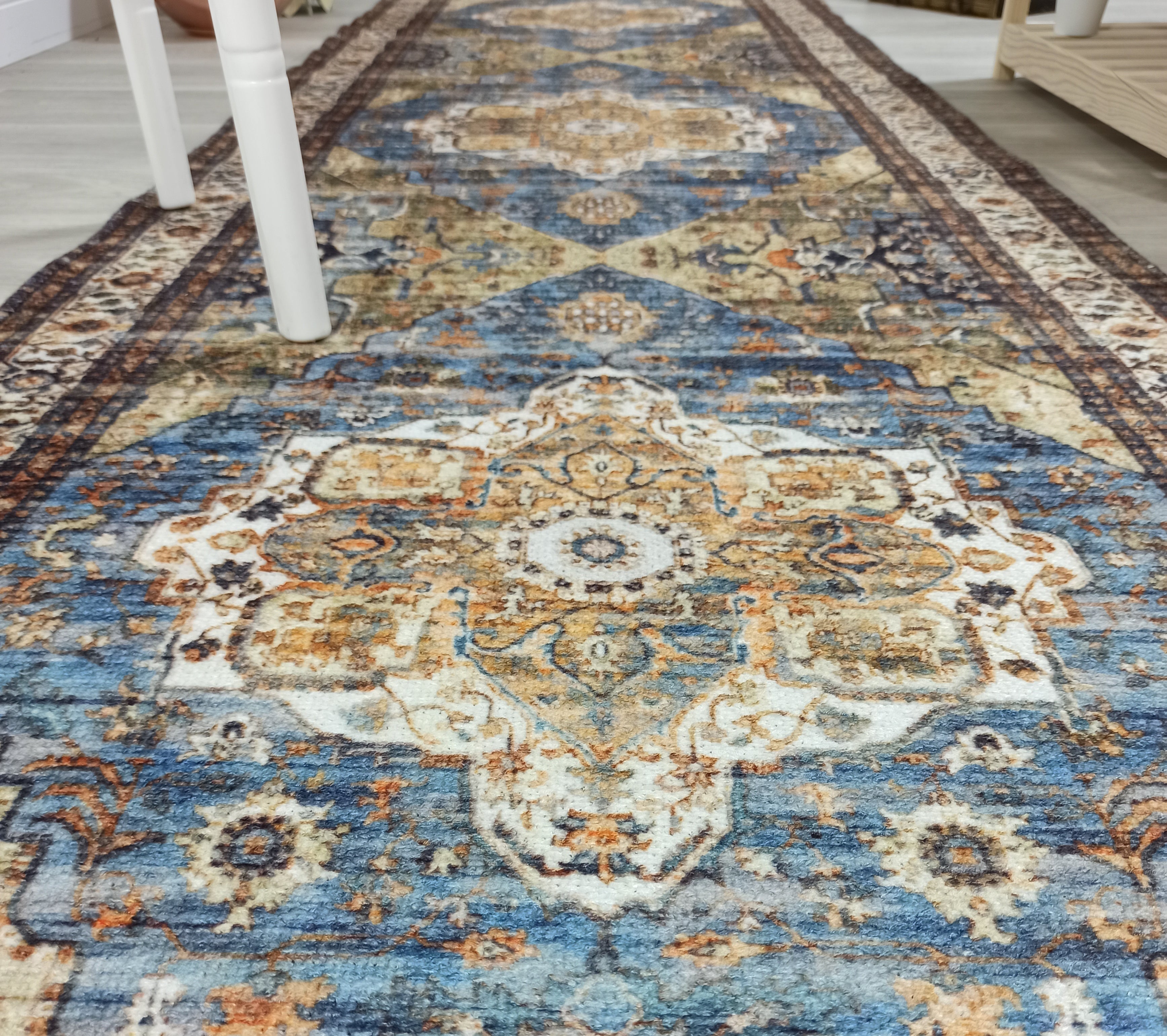 Nuran Turkish Vintage Medallion Style Brown Navy Blue Rug