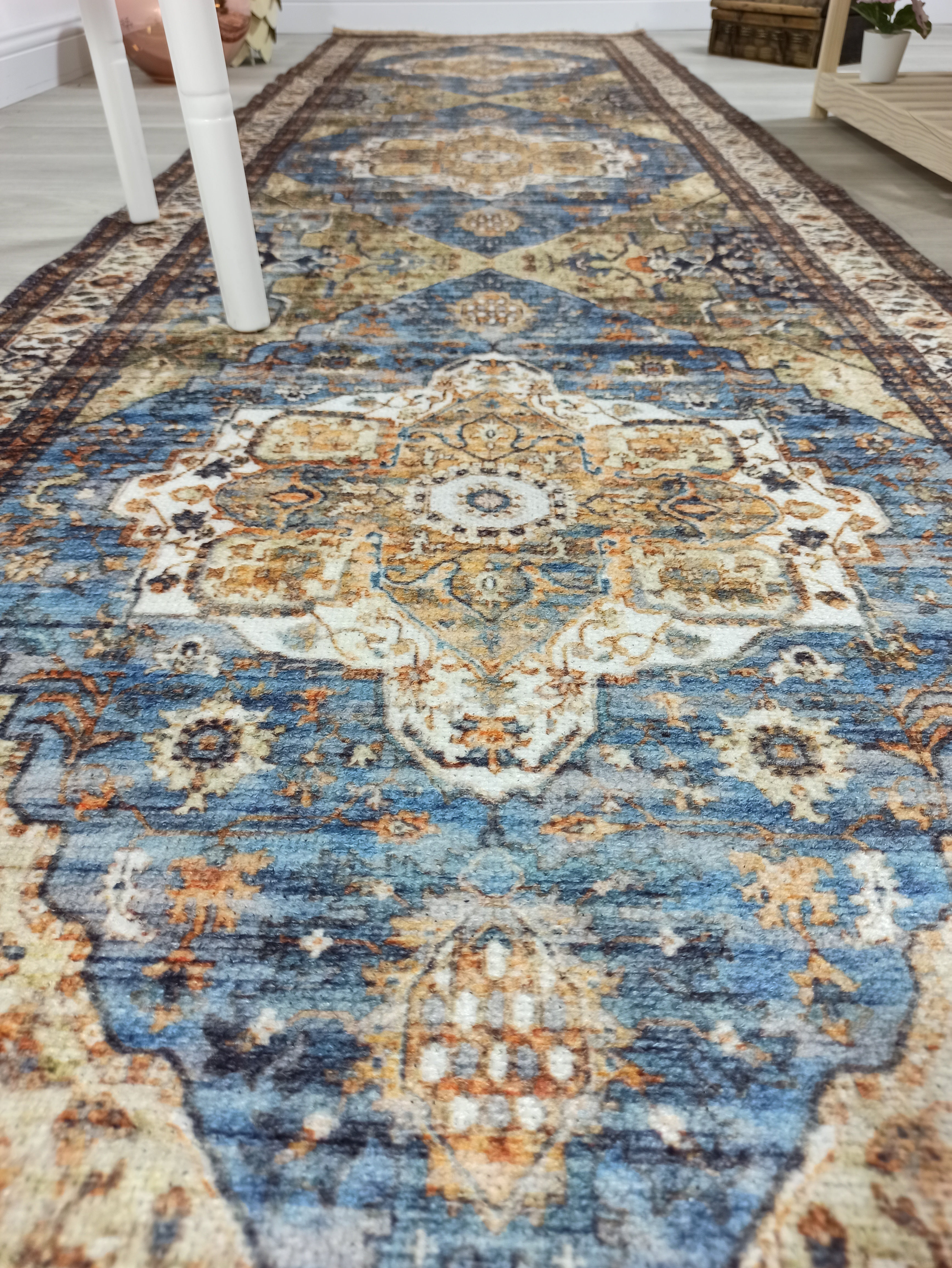 Nuran Turkish Vintage Medallion Style Brown Navy Blue Rug