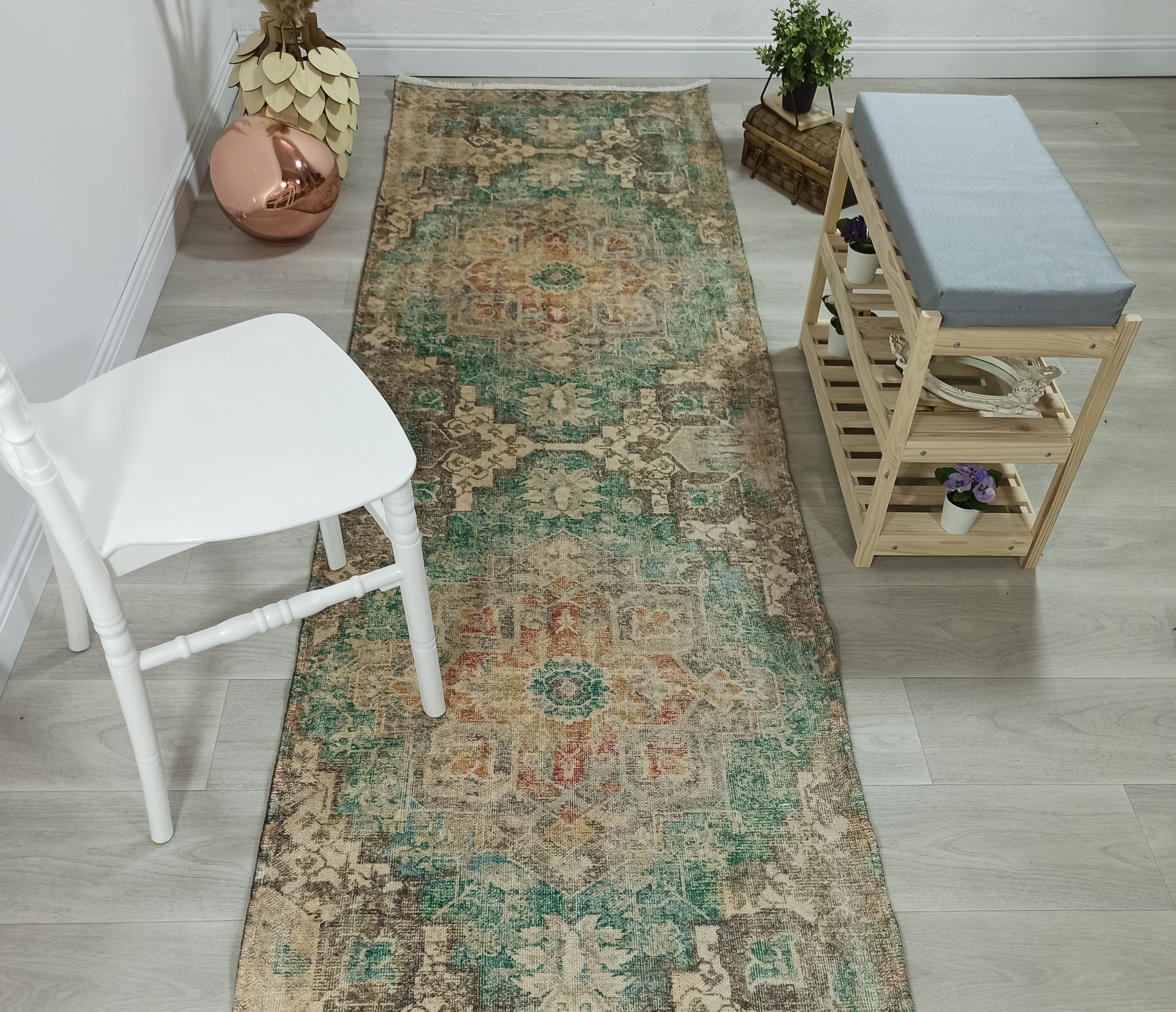 Lema Turkish Vintage Medallion Style Beige Green Rug