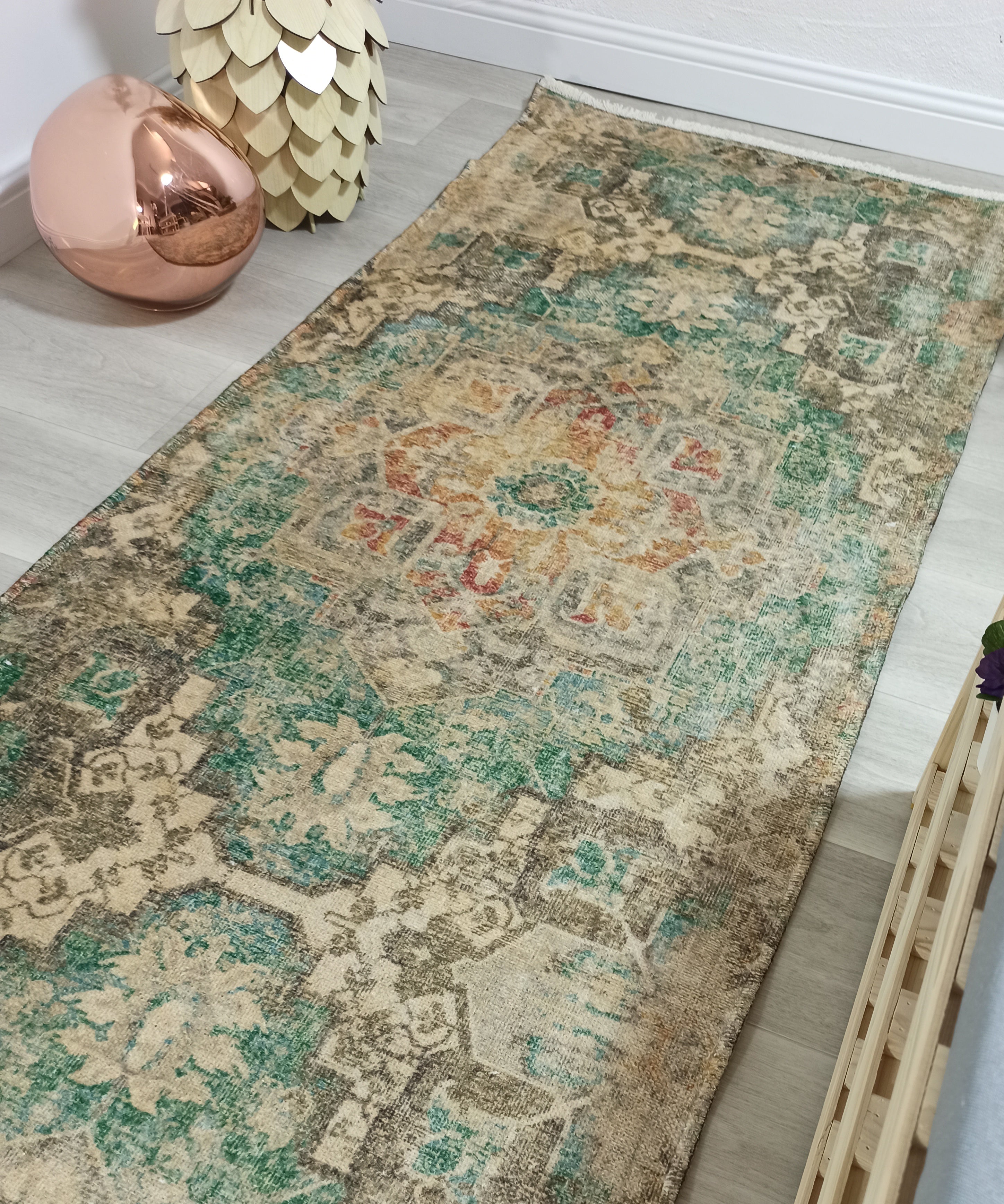 Lema Turkish Vintage Medallion Style Beige Green Rug