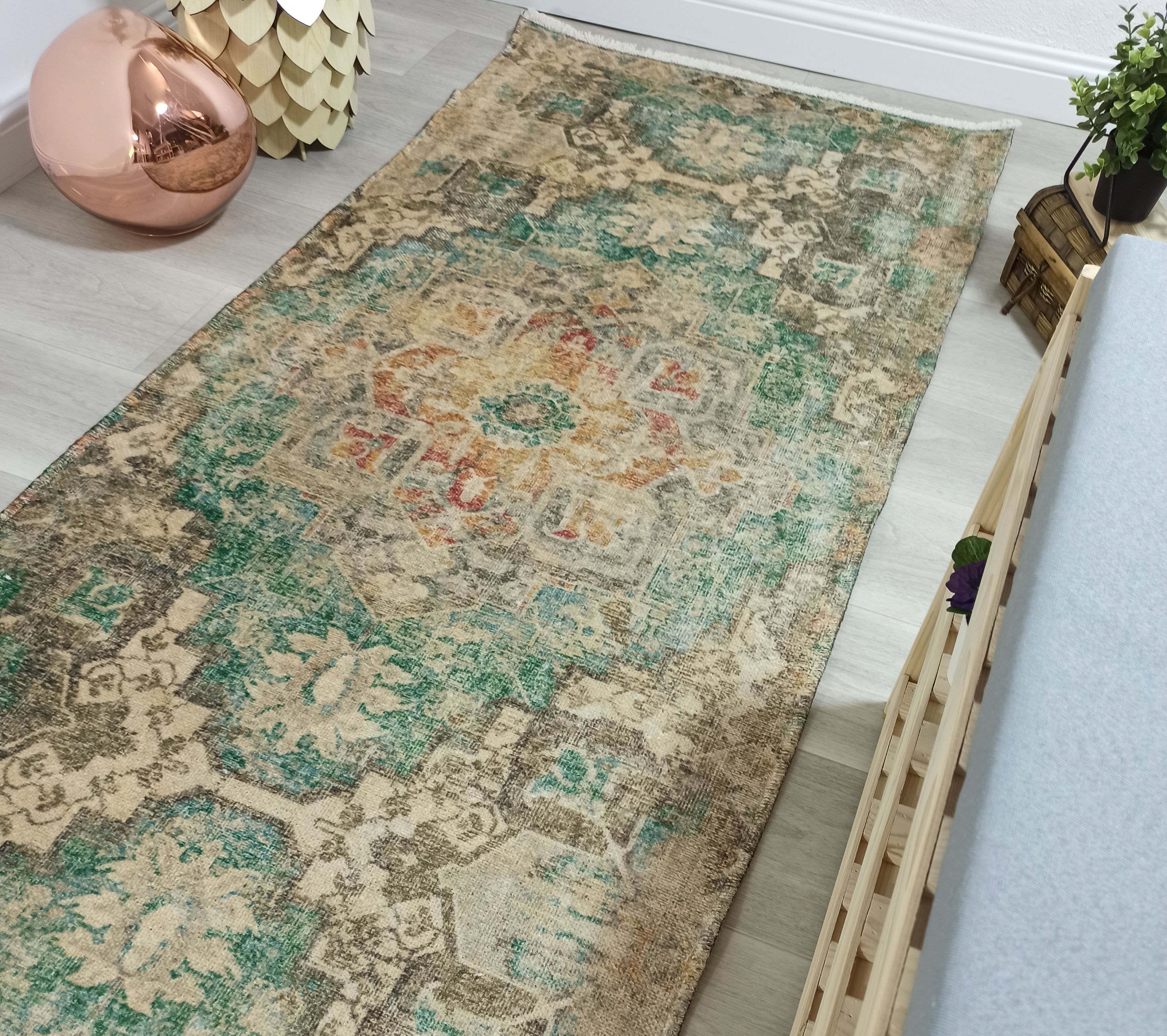 Lema Turkish Vintage Medallion Style Beige Green Rug