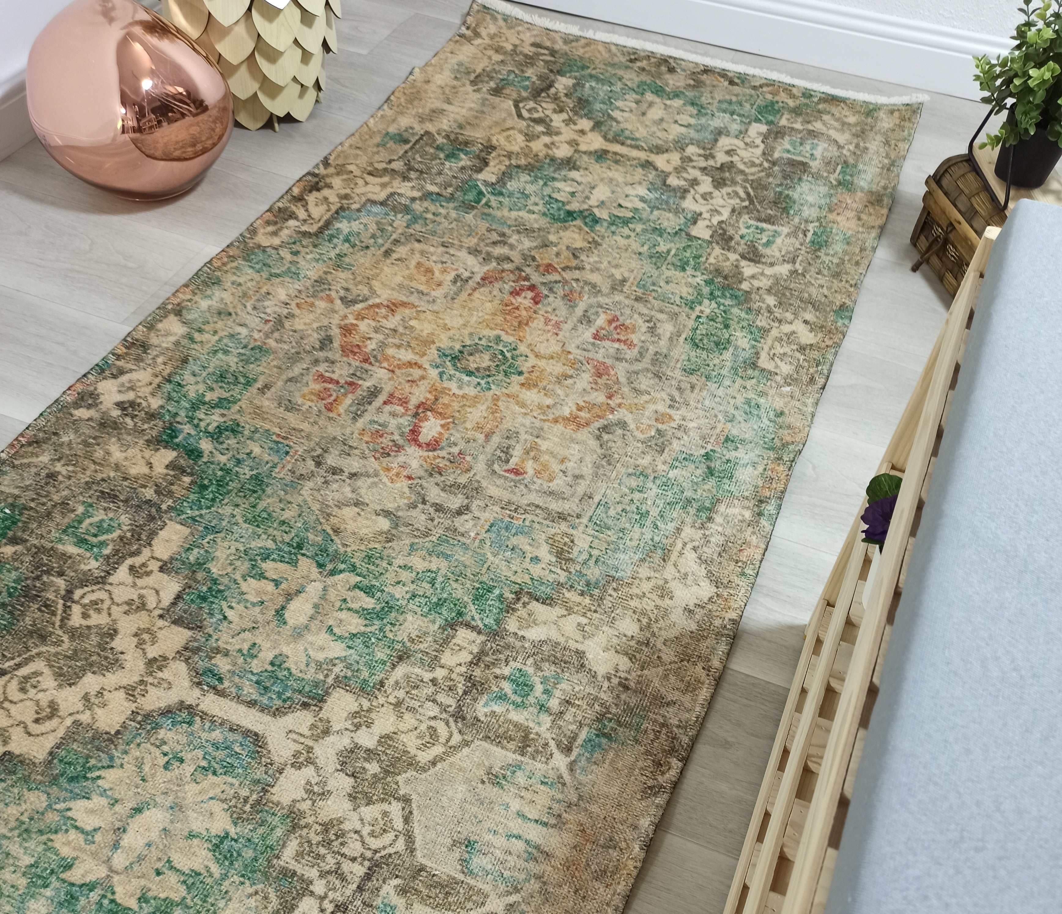 Lema Turkish Vintage Medallion Style Beige Green Rug