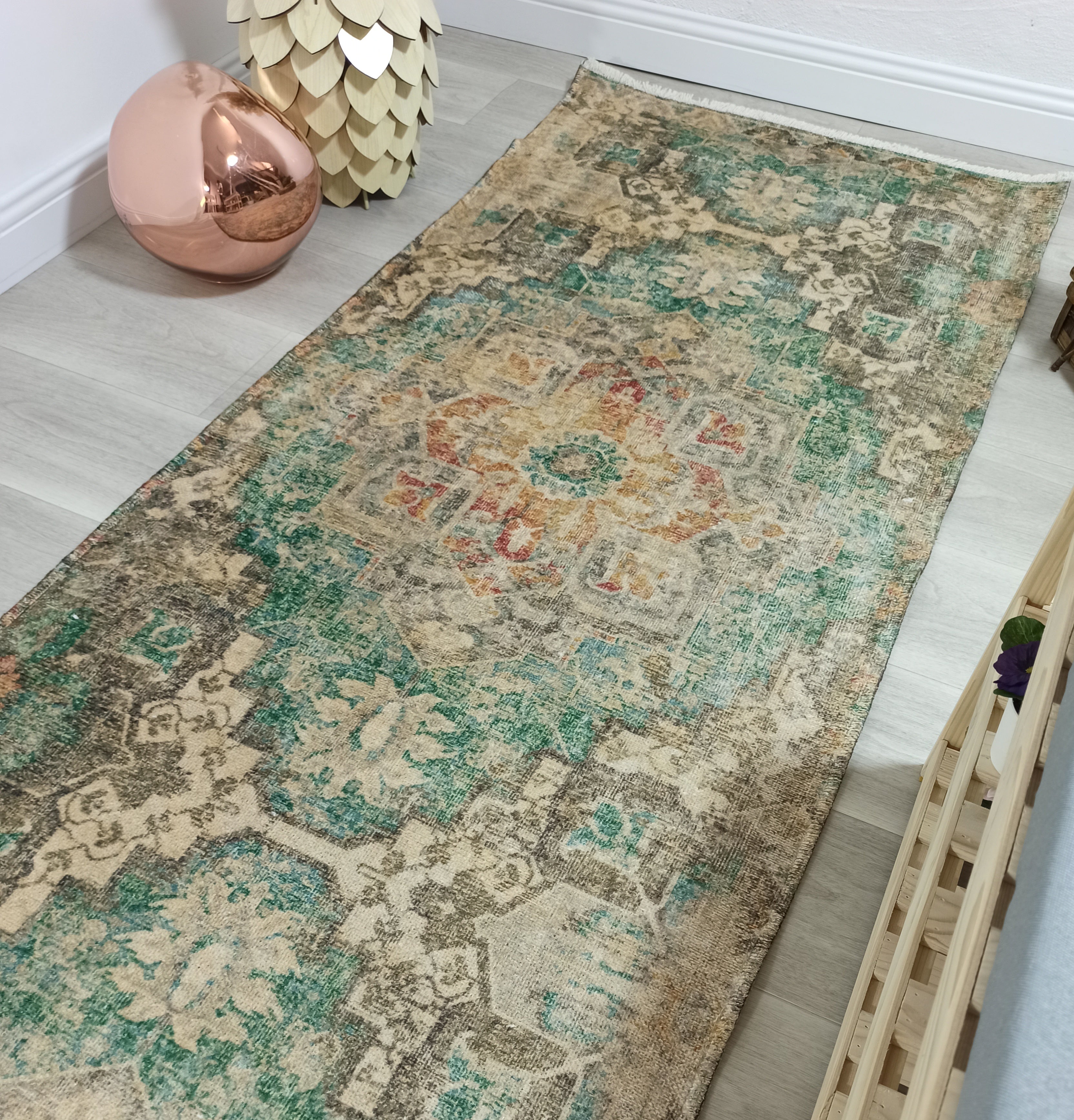 Lema Turkish Vintage Medallion Style Beige Green Rug