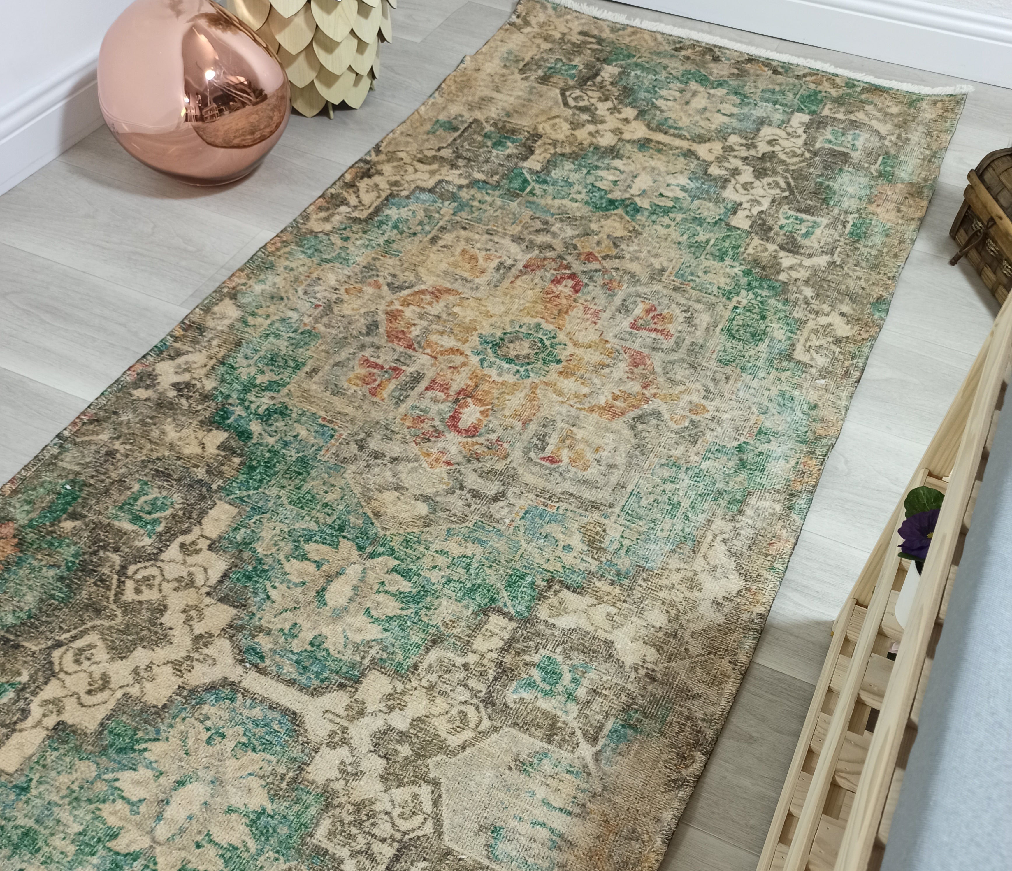Lema Turkish Vintage Medallion Style Beige Green Rug