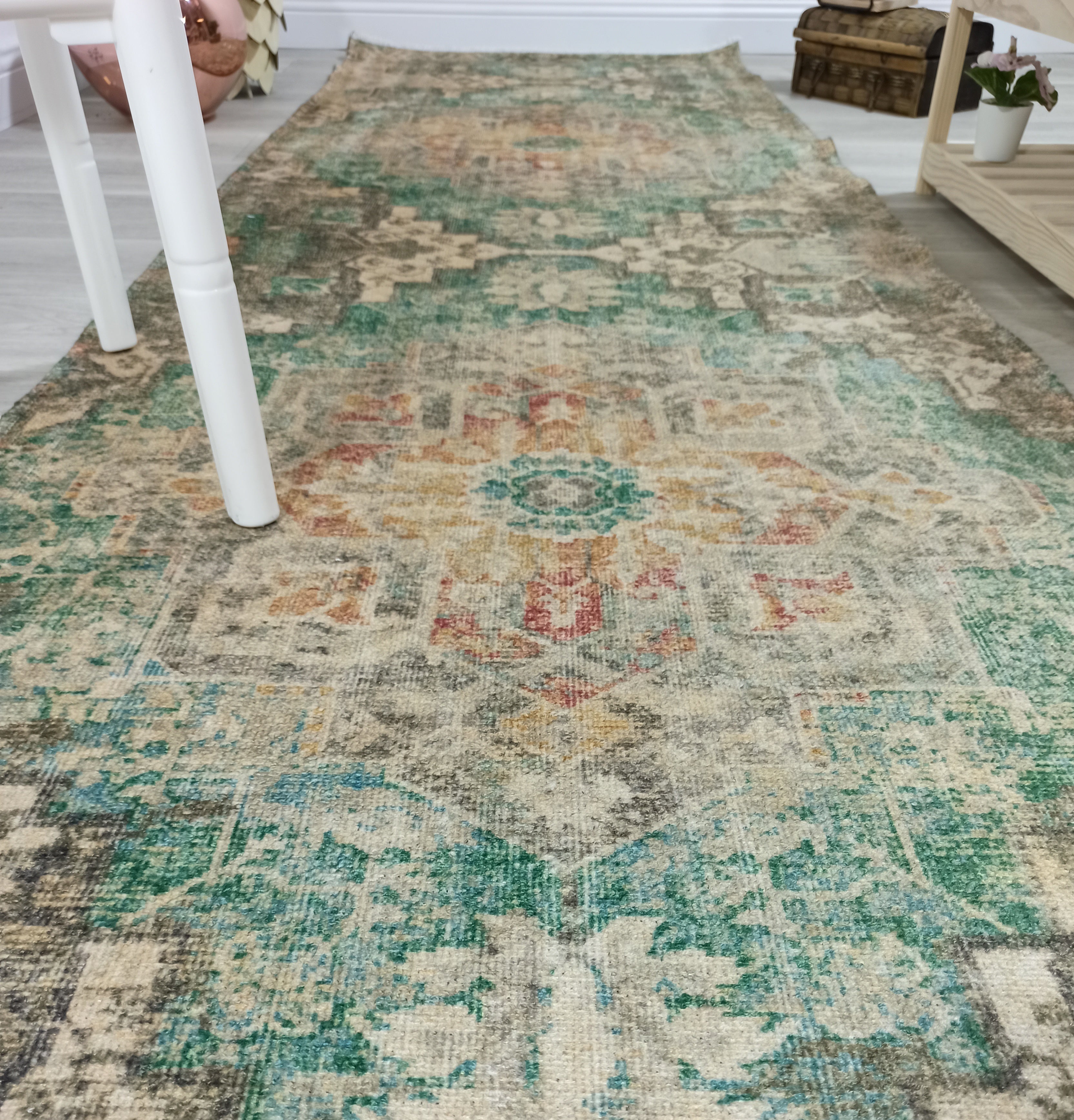 Lema Turkish Vintage Medallion Style Beige Green Rug