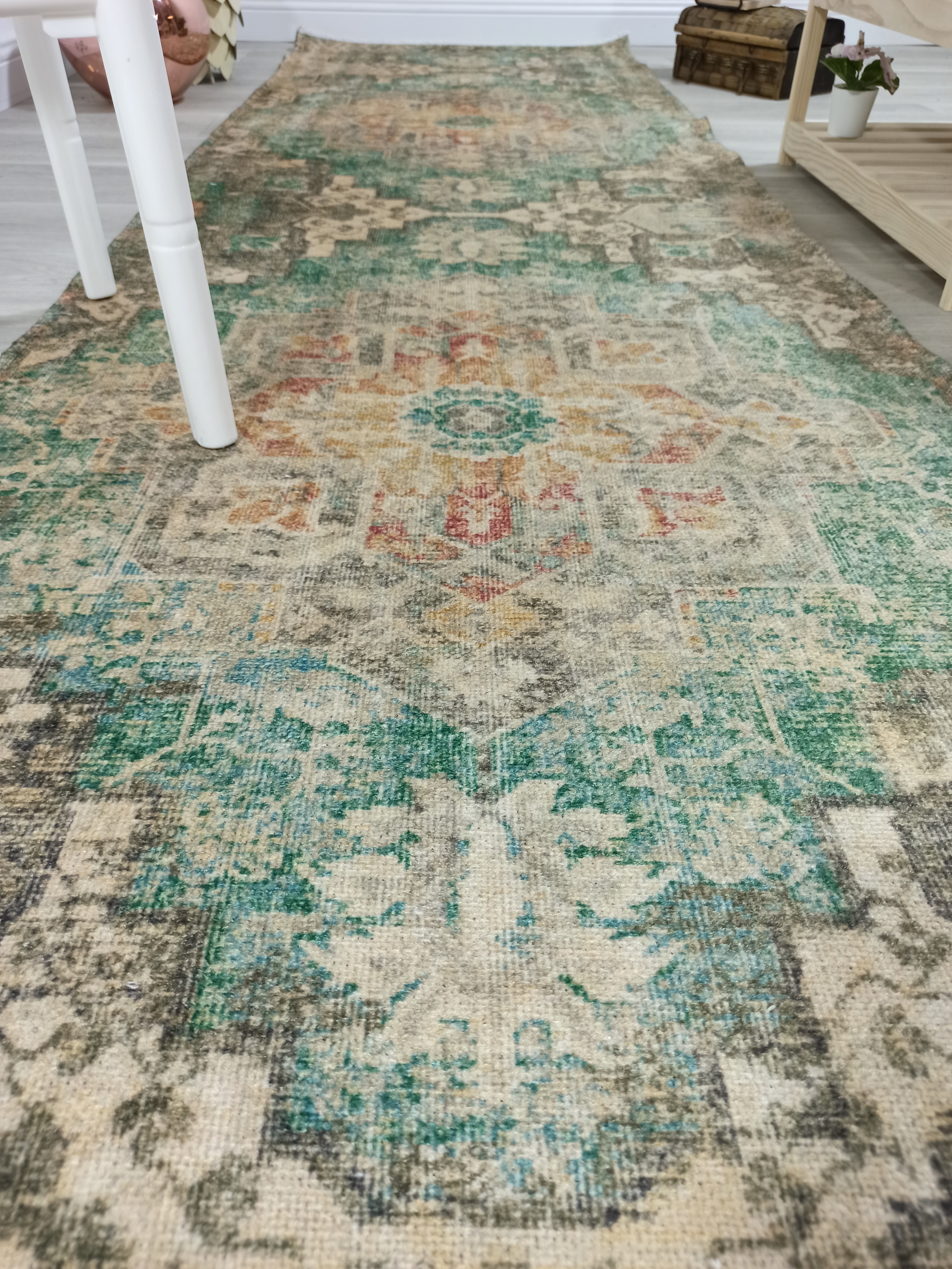 Lema Turkish Vintage Medallion Style Beige Green Rug