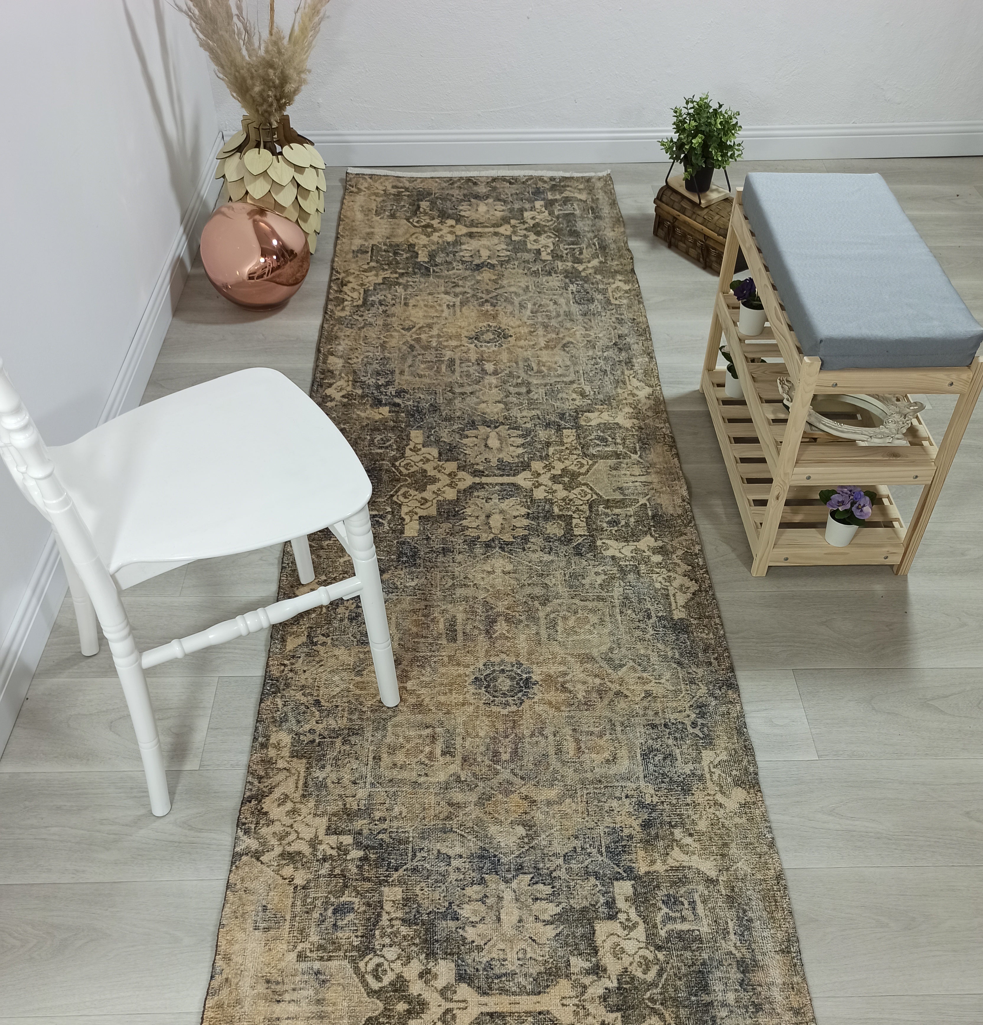 Aliye Turkish Medallion Style Green Beige Vintage Rug