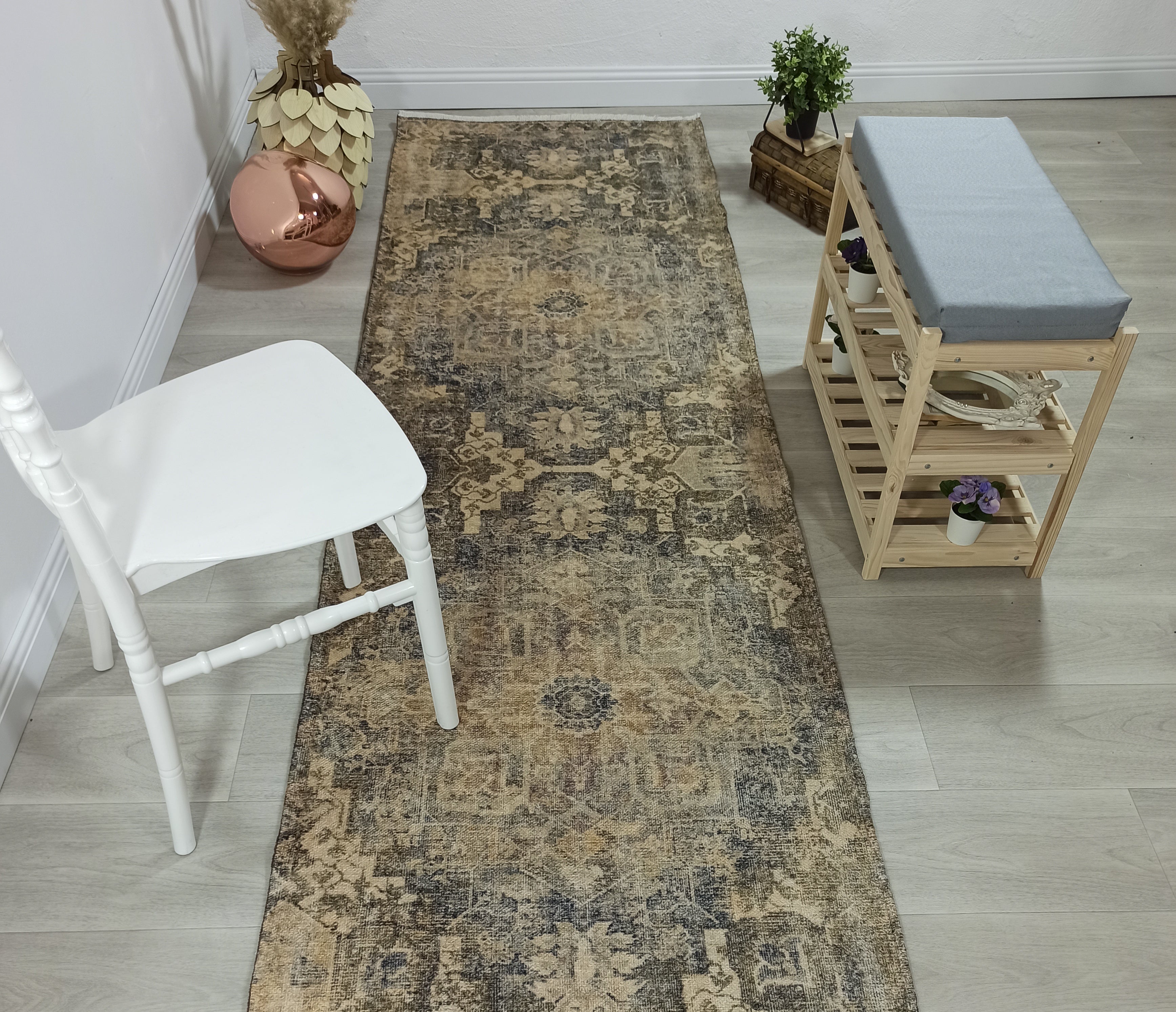 Aliye Turkish Medallion Style Green Beige Vintage Rug