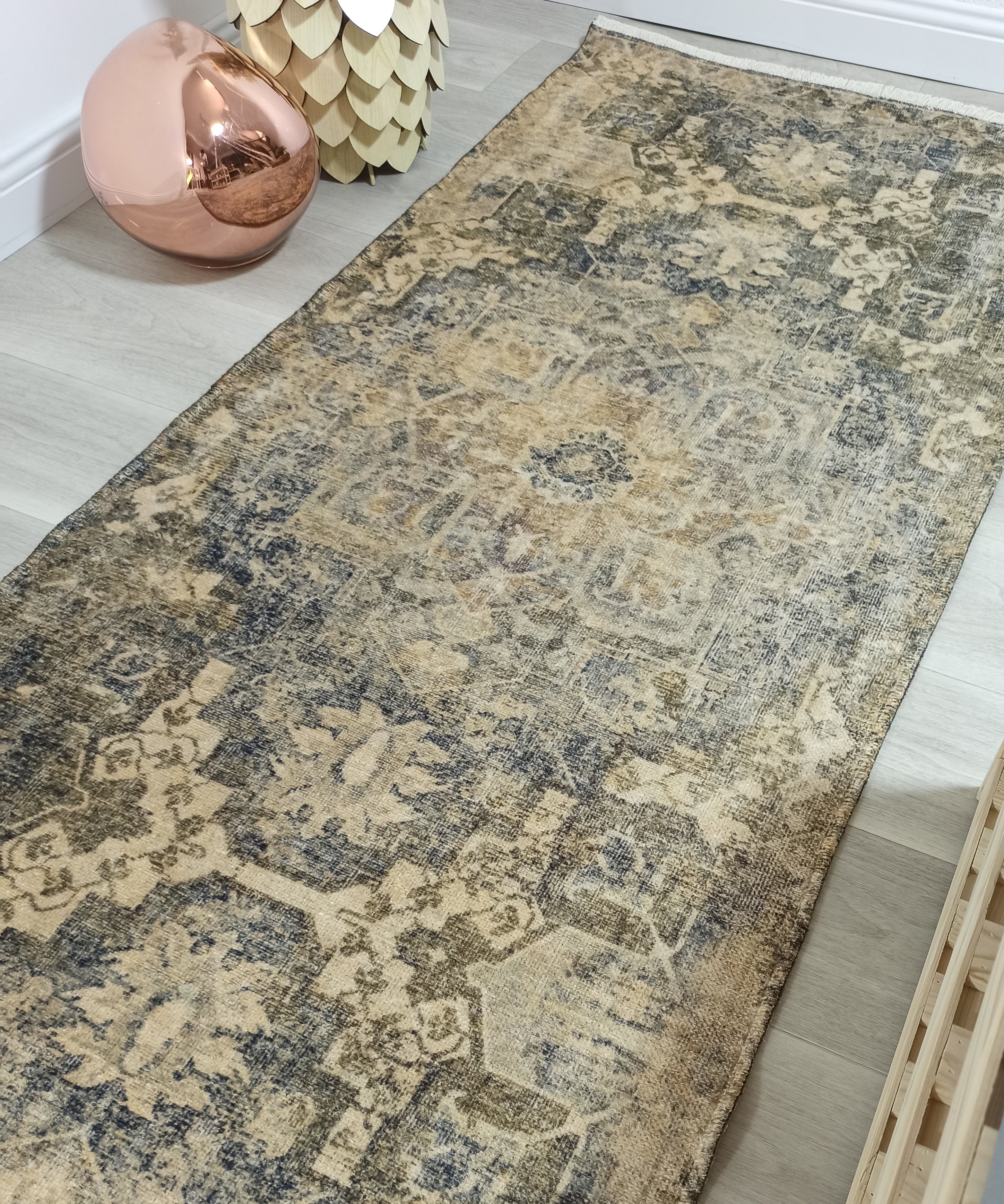 Aliye Turkish Medallion Style Green Beige Vintage Rug