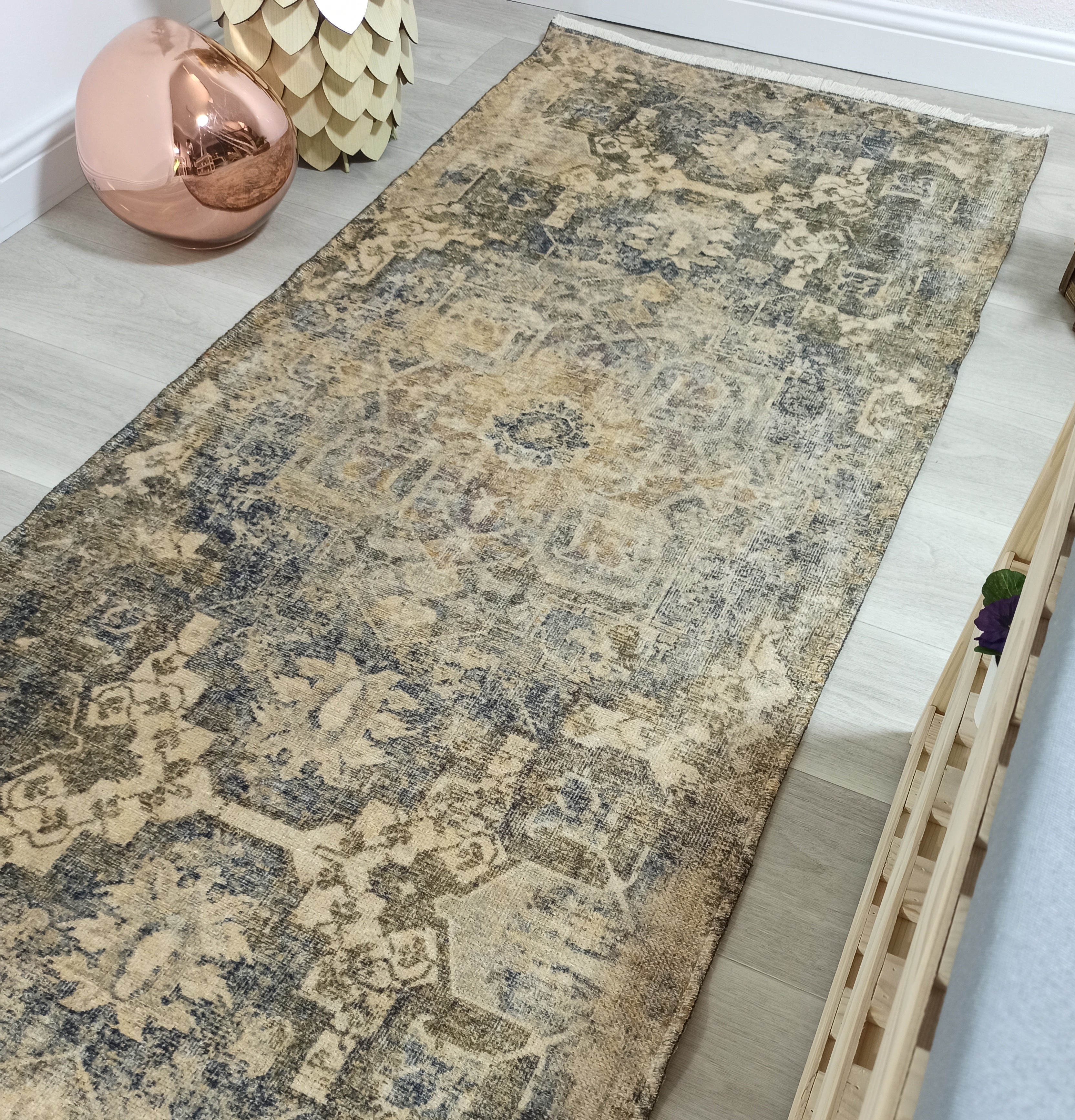 Aliye Turkish Medallion Style Green Beige Vintage Rug