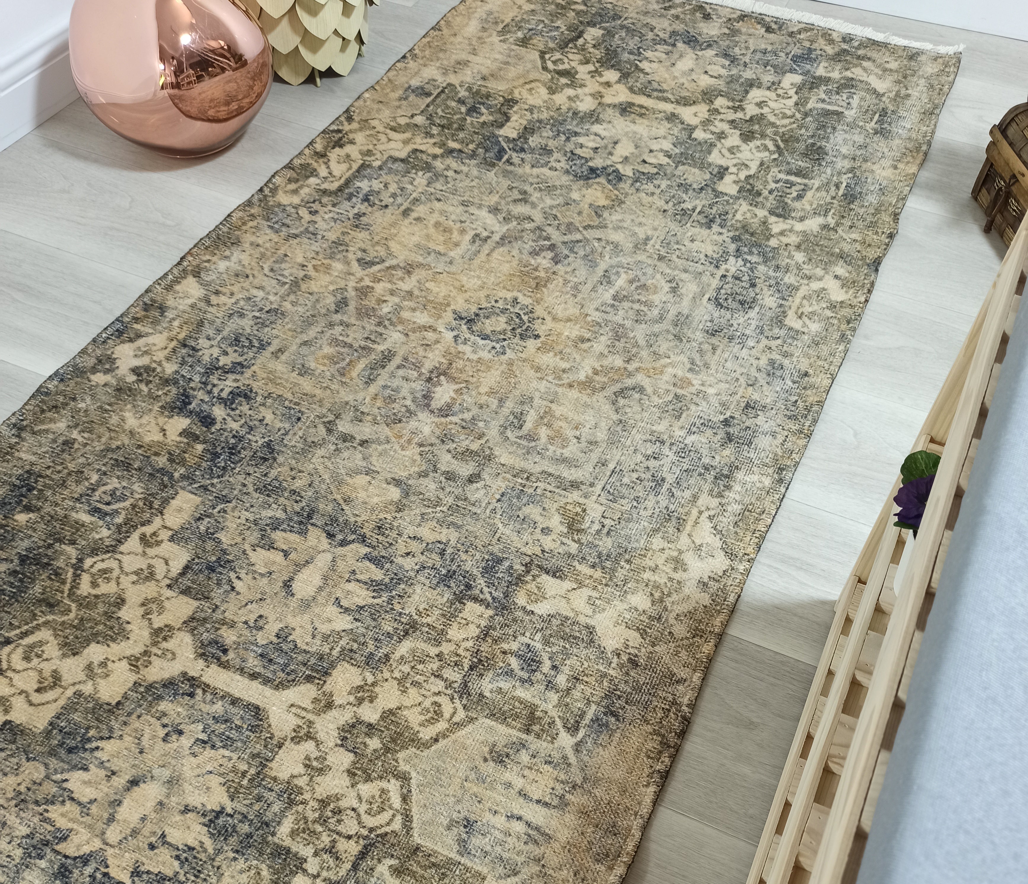 Aliye Turkish Medallion Style Green Beige Vintage Rug