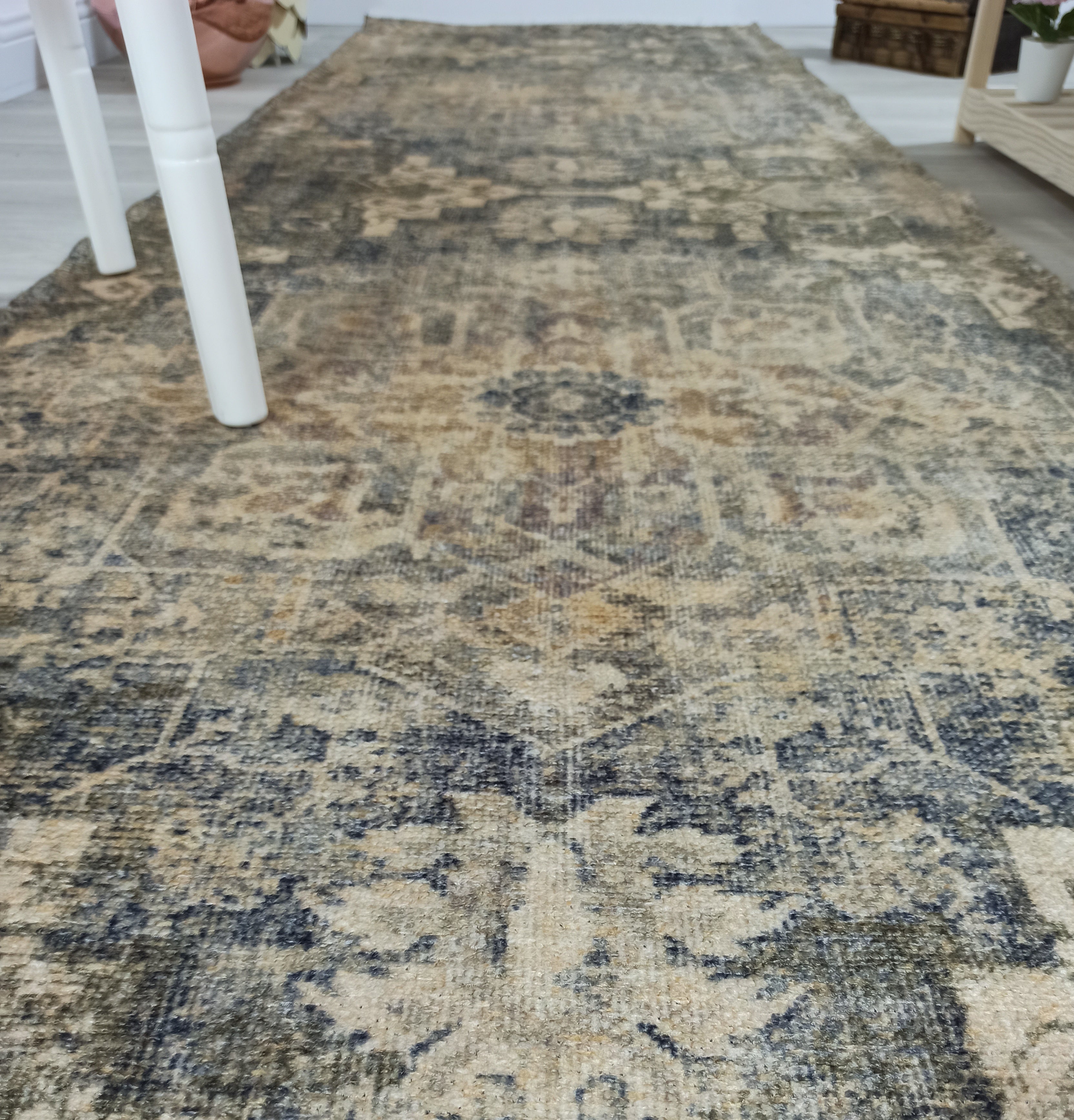 Aliye Turkish Medallion Style Green Beige Vintage Rug