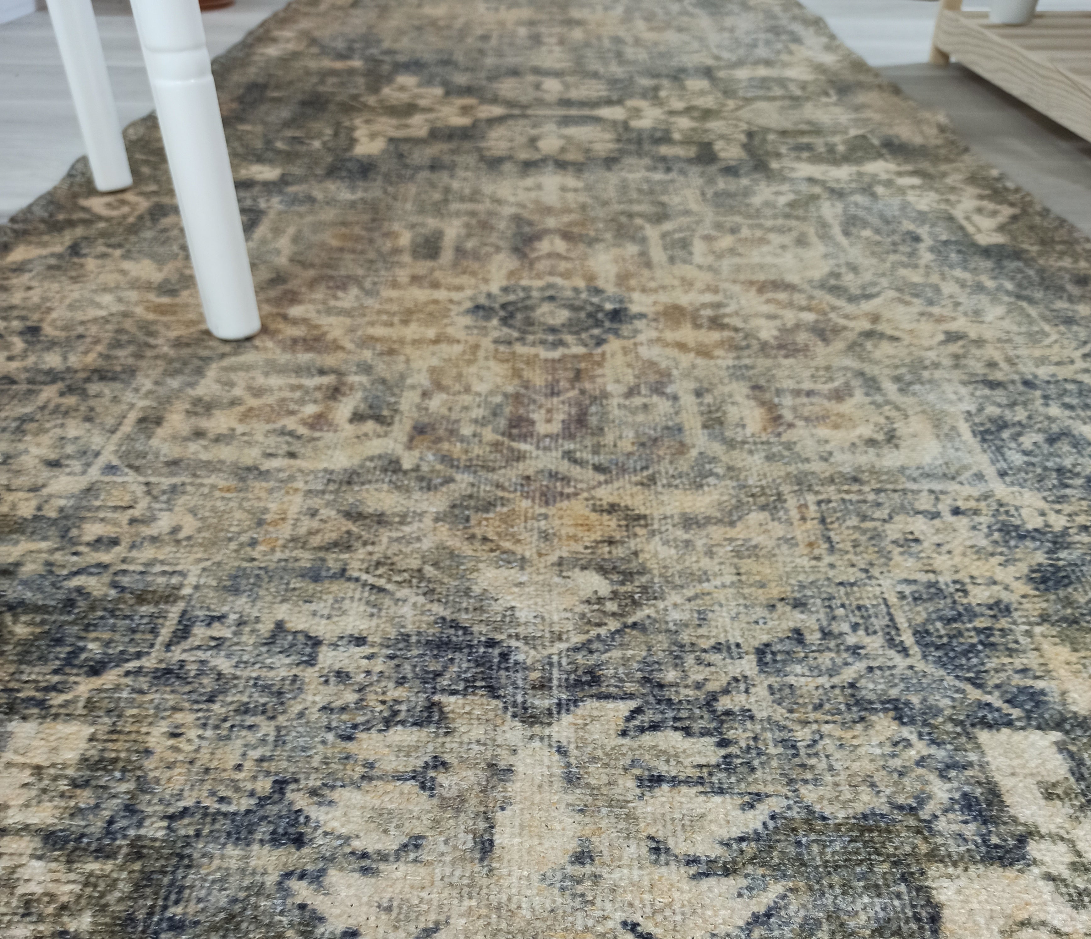 Aliye Turkish Medallion Style Green Beige Vintage Rug