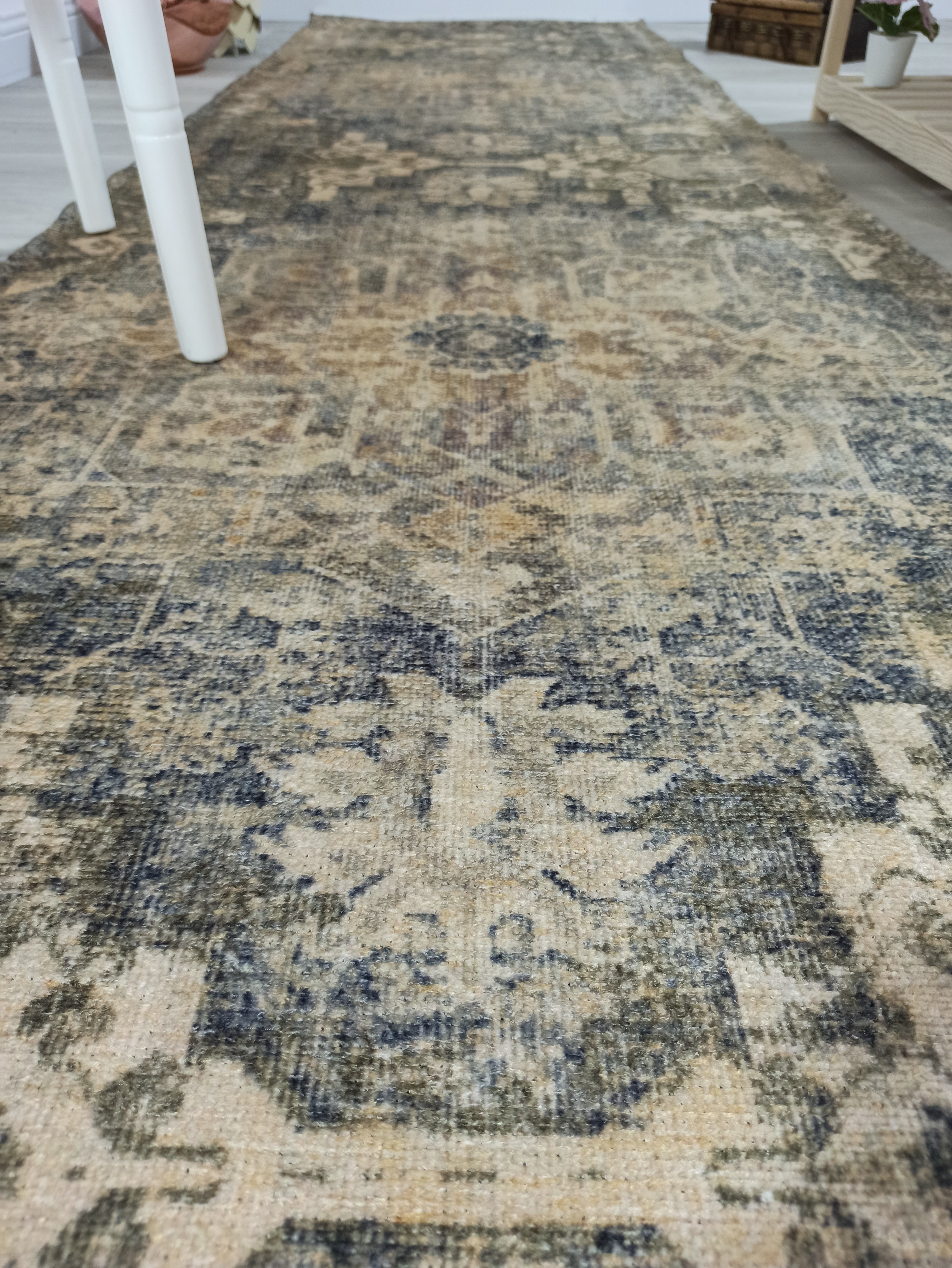 Aliye Turkish Medallion Style Green Beige Vintage Rug