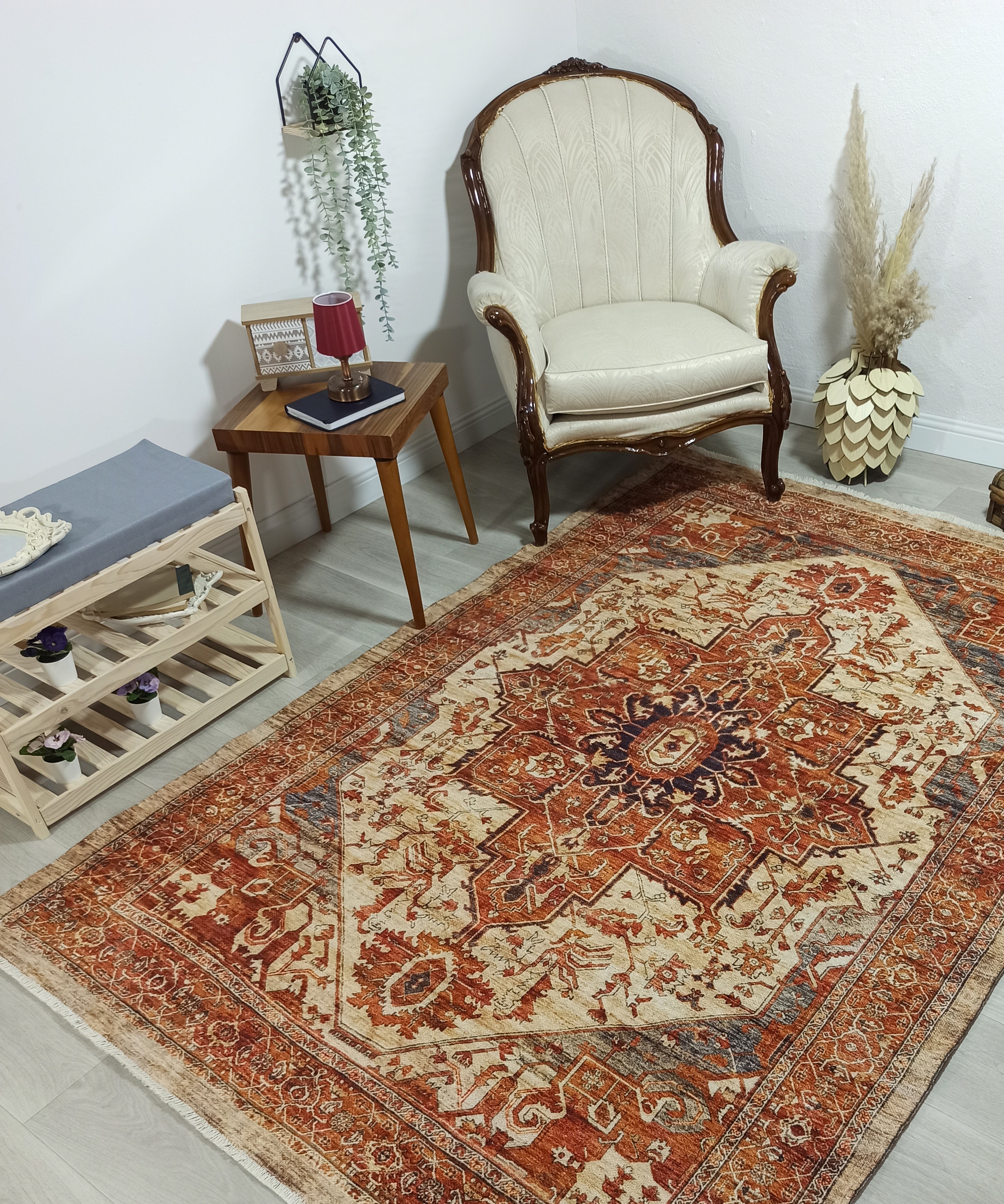 Eylul Turkish Vintage Medallion Style Beige Orange Rug