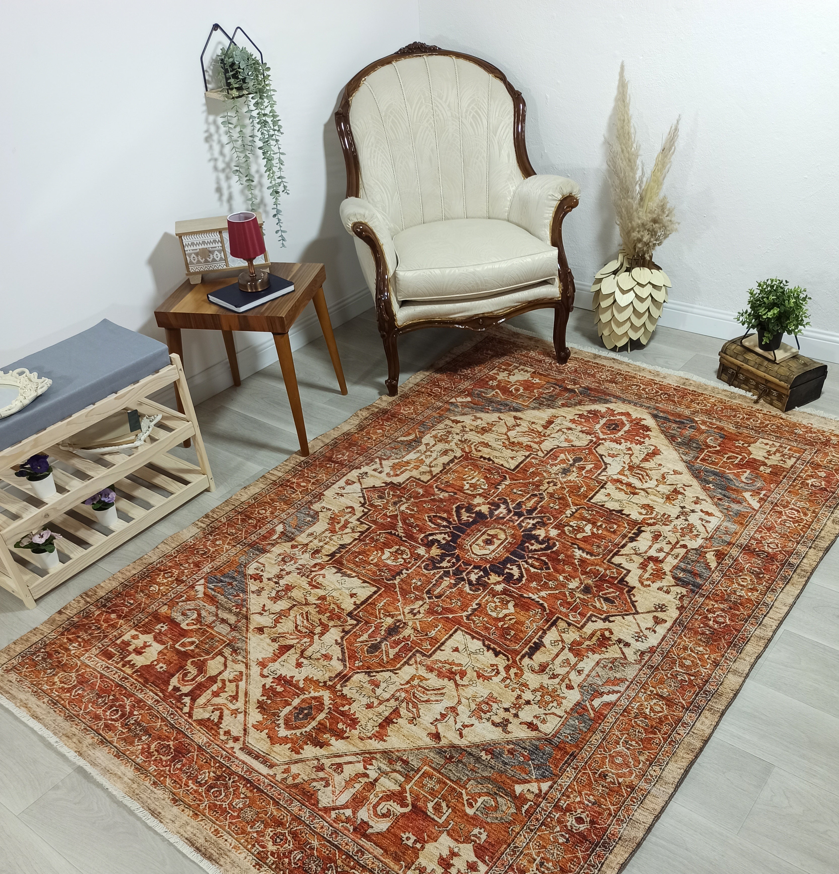 Eylul Turkish Vintage Medallion Style Beige Orange Rug
