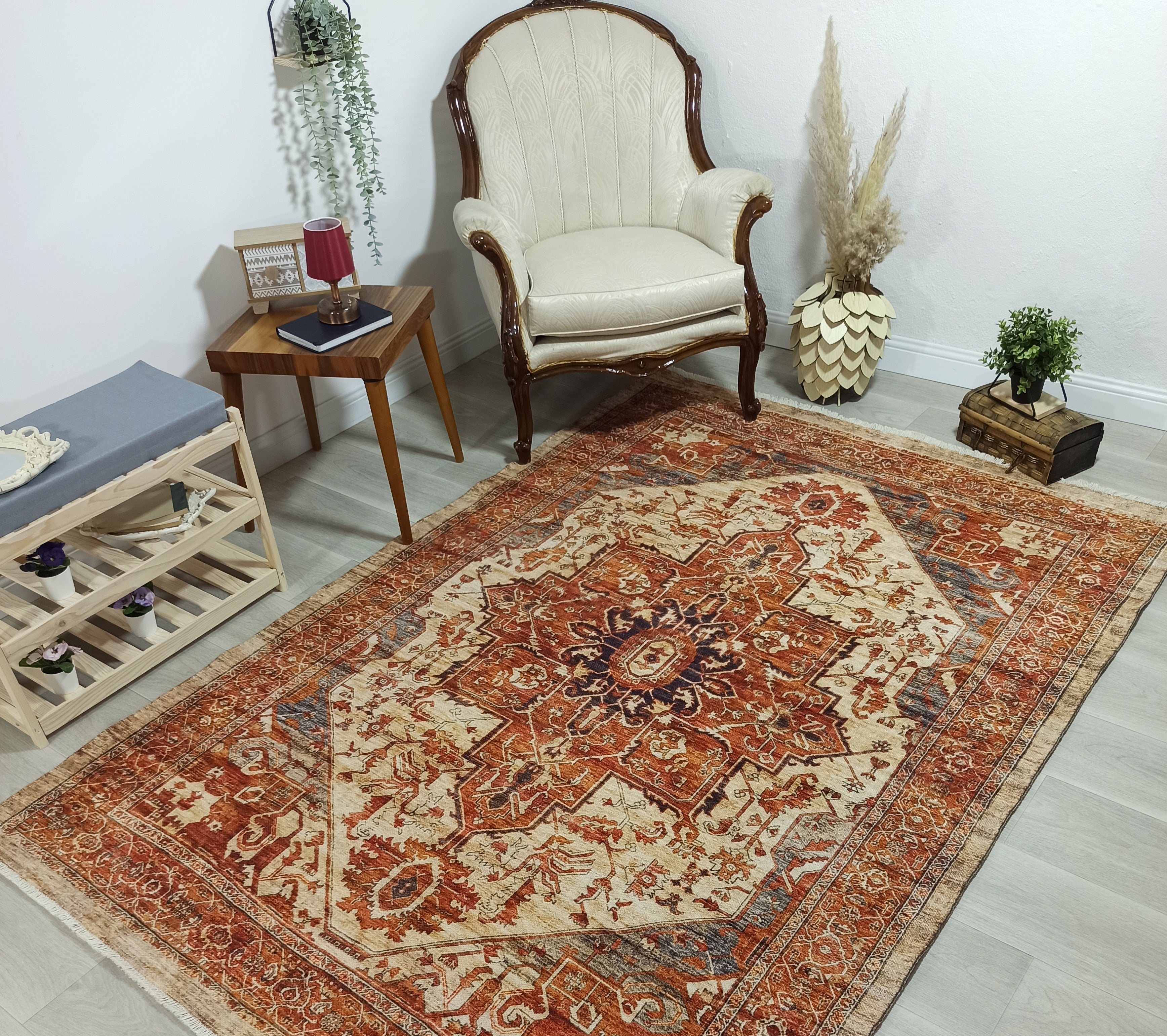 Eylul Turkish Vintage Medallion Style Beige Orange Rug