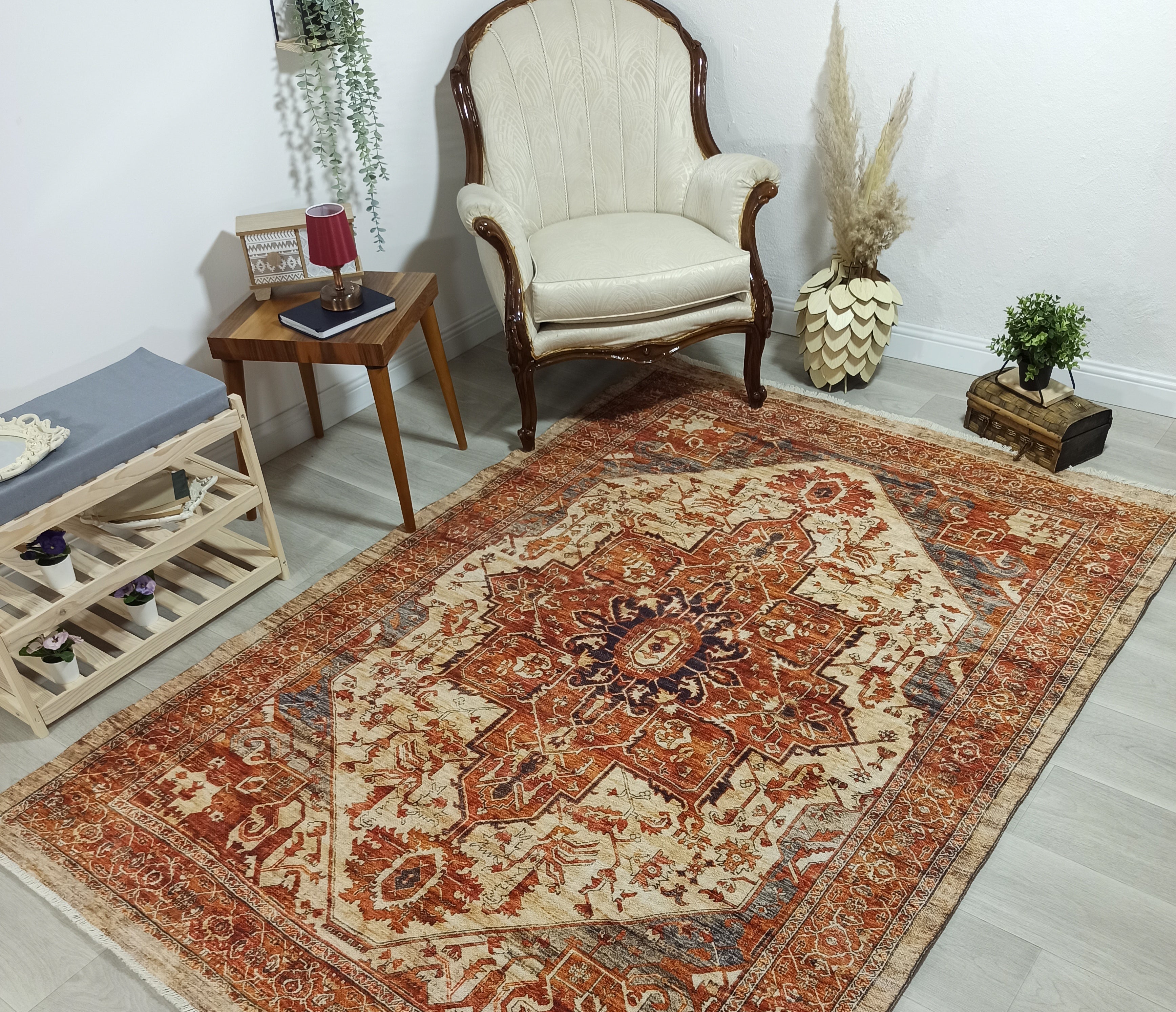 Eylul Turkish Vintage Medallion Style Beige Orange Rug
