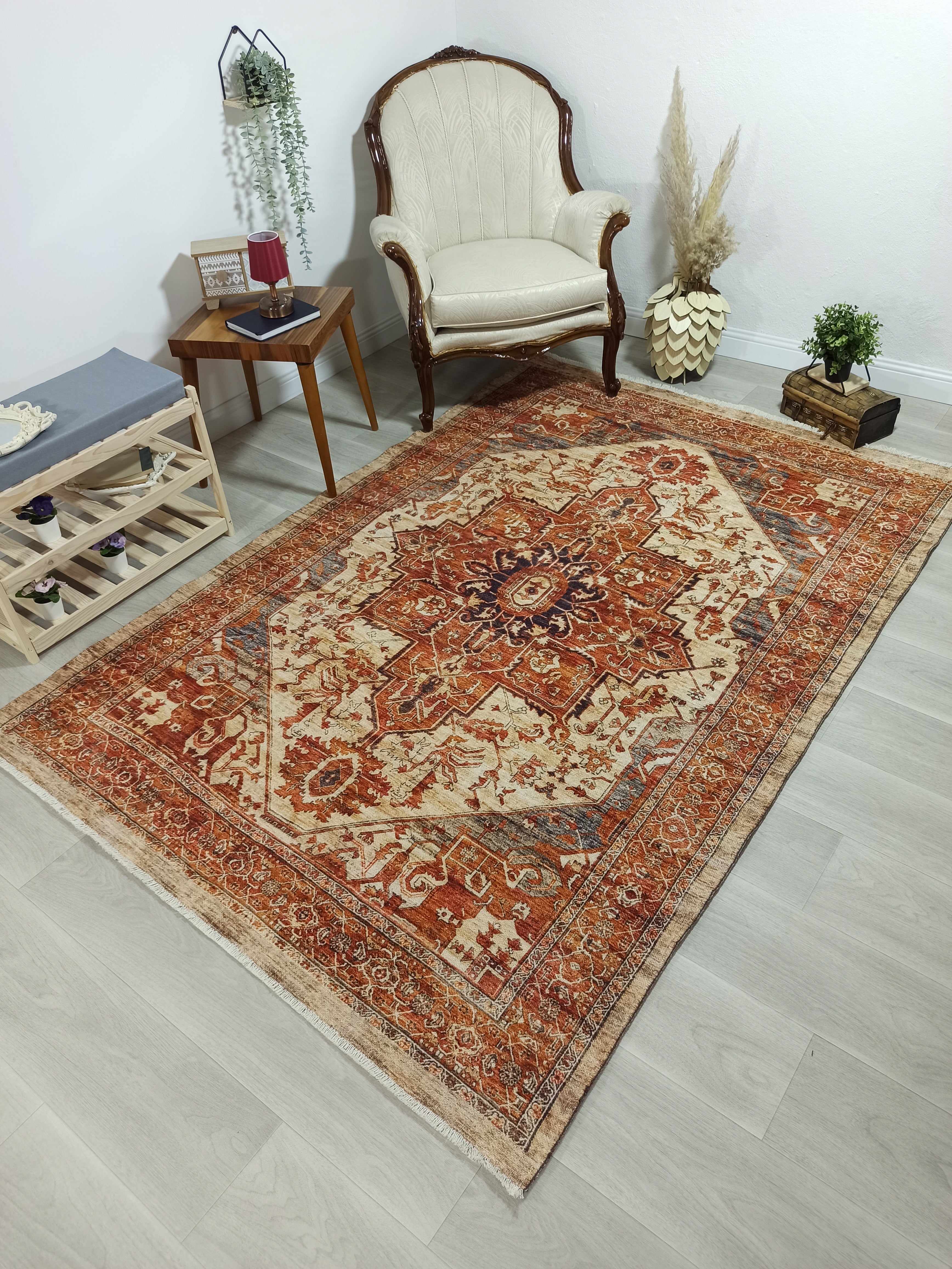 Eylul Turkish Vintage Medallion Style Beige Orange Rug
