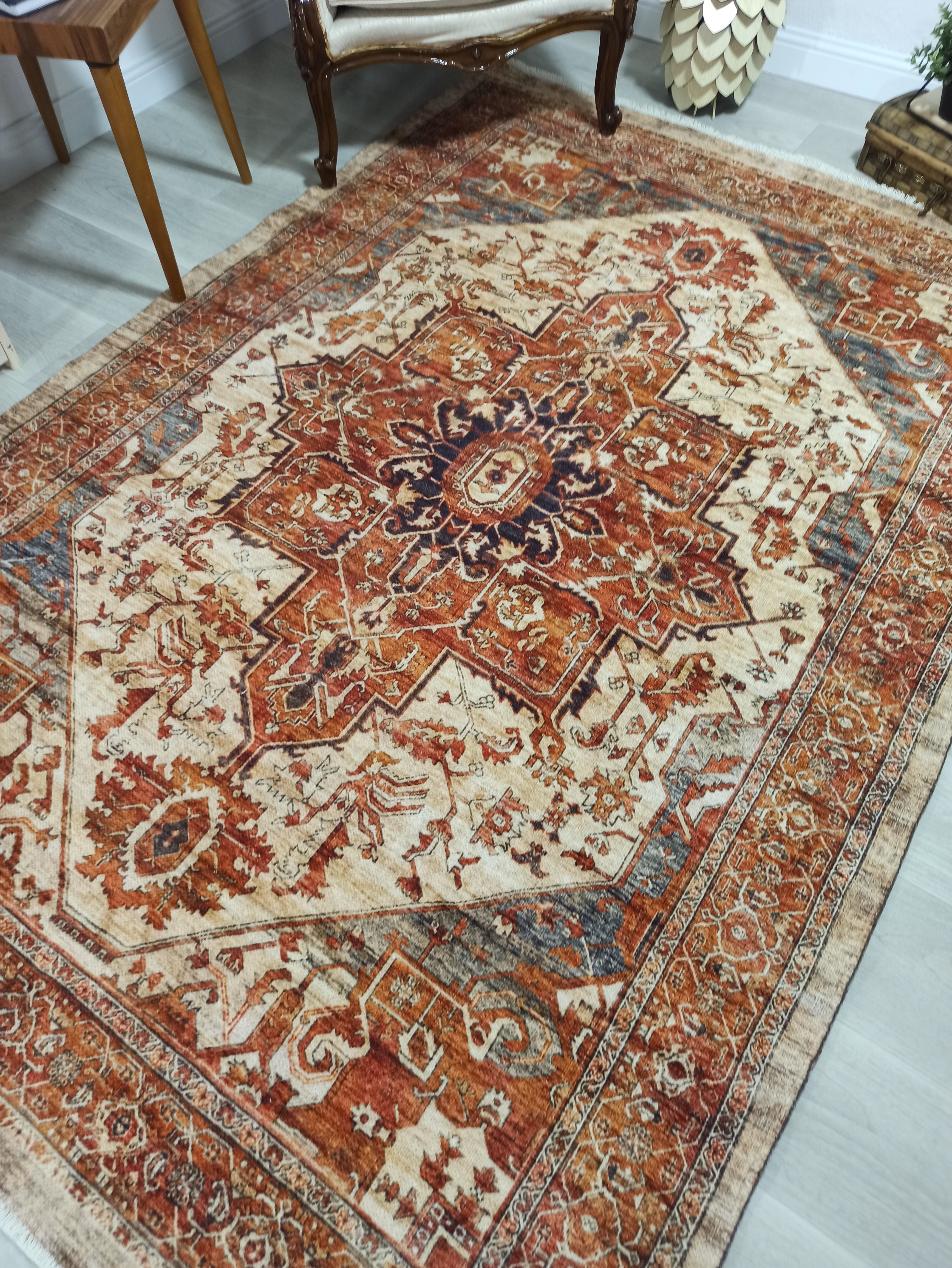 Eylul Turkish Vintage Medallion Style Beige Orange Rug