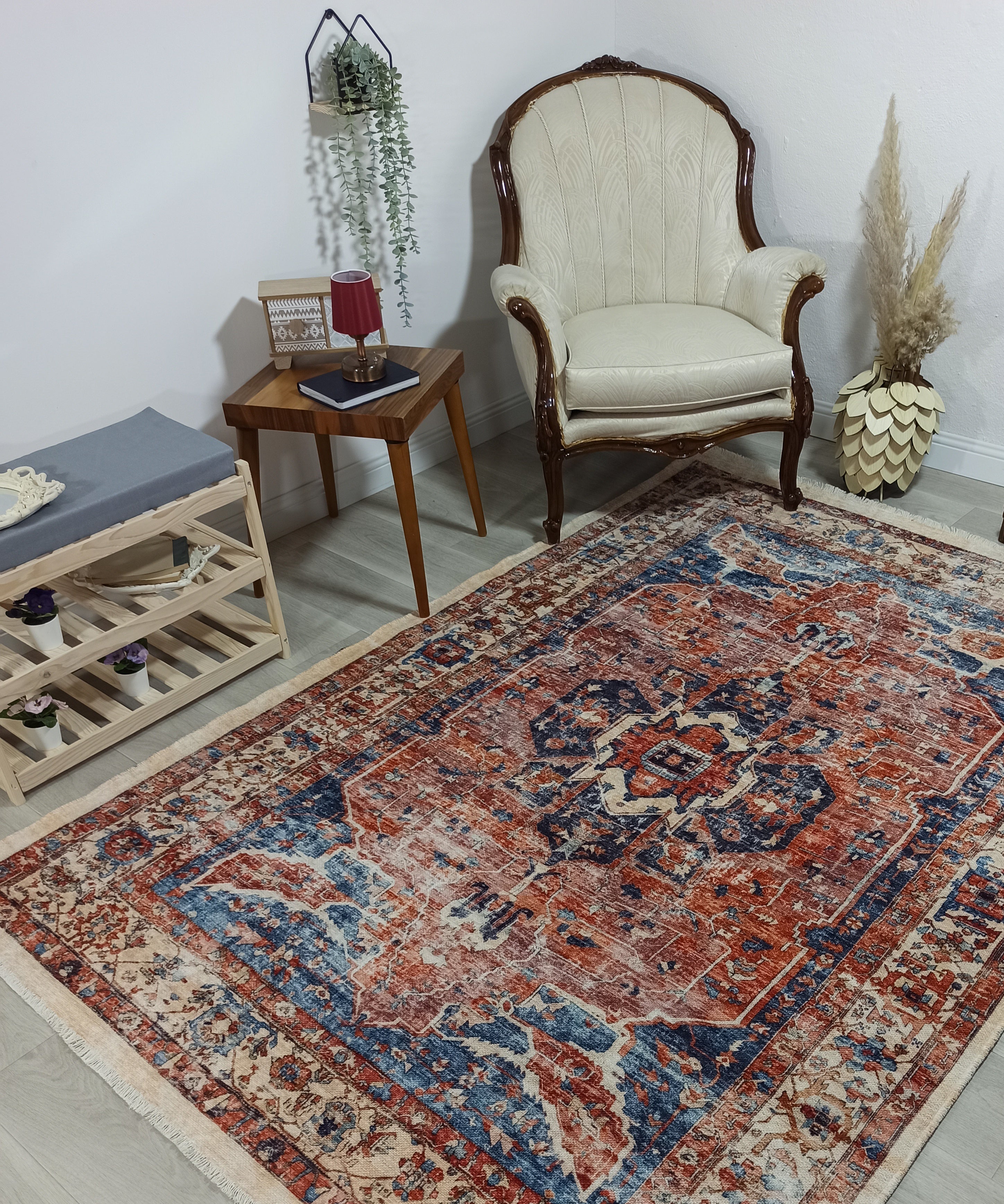 Sema Turkish Vintage Medallion Style Orange Navy Blue Rug