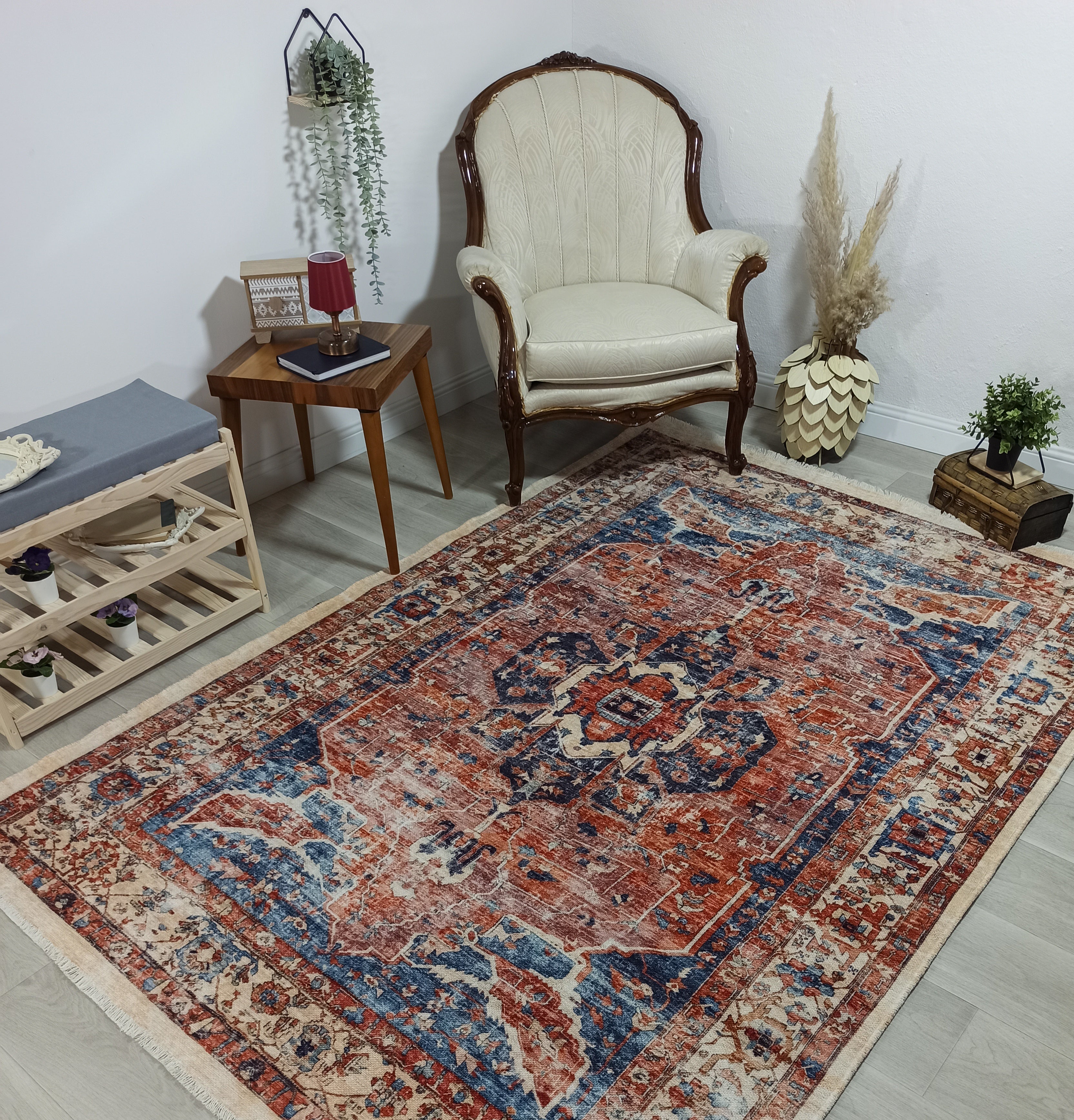 Sema Turkish Vintage Medallion Style Orange Navy Blue Rug
