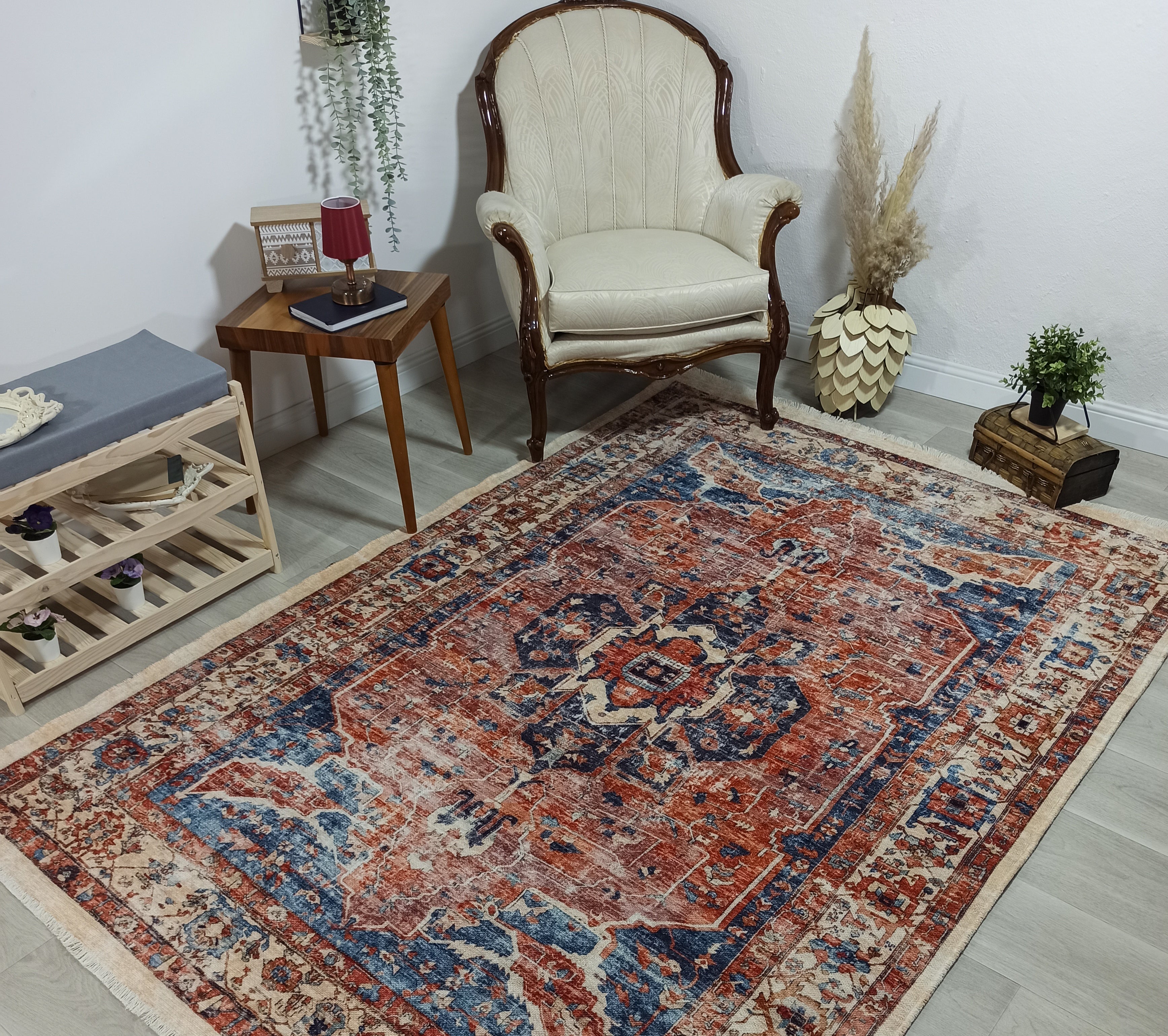 Sema Turkish Vintage Medallion Style Orange Navy Blue Rug