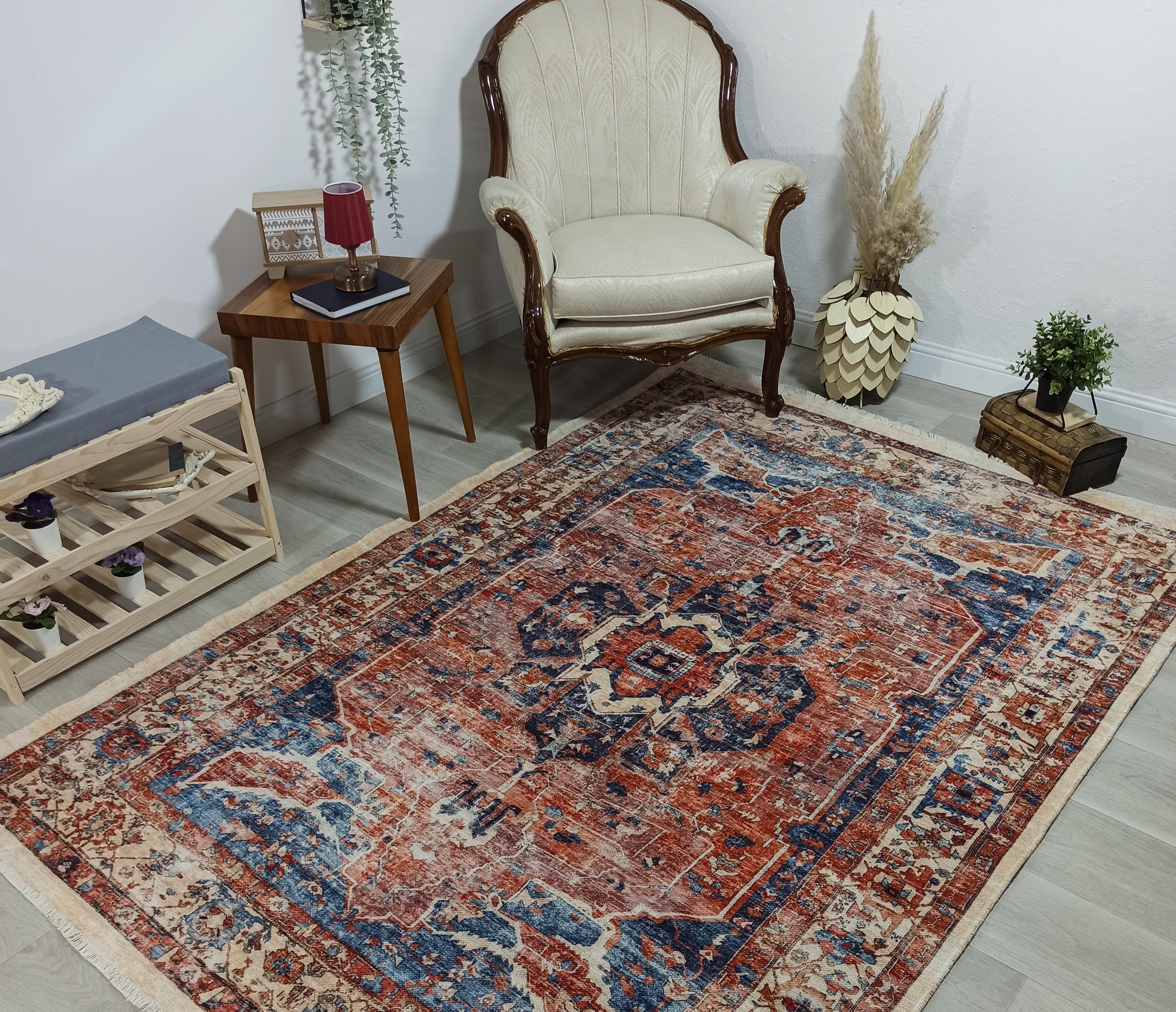 Sema Turkish Vintage Medallion Style Orange Navy Blue Rug