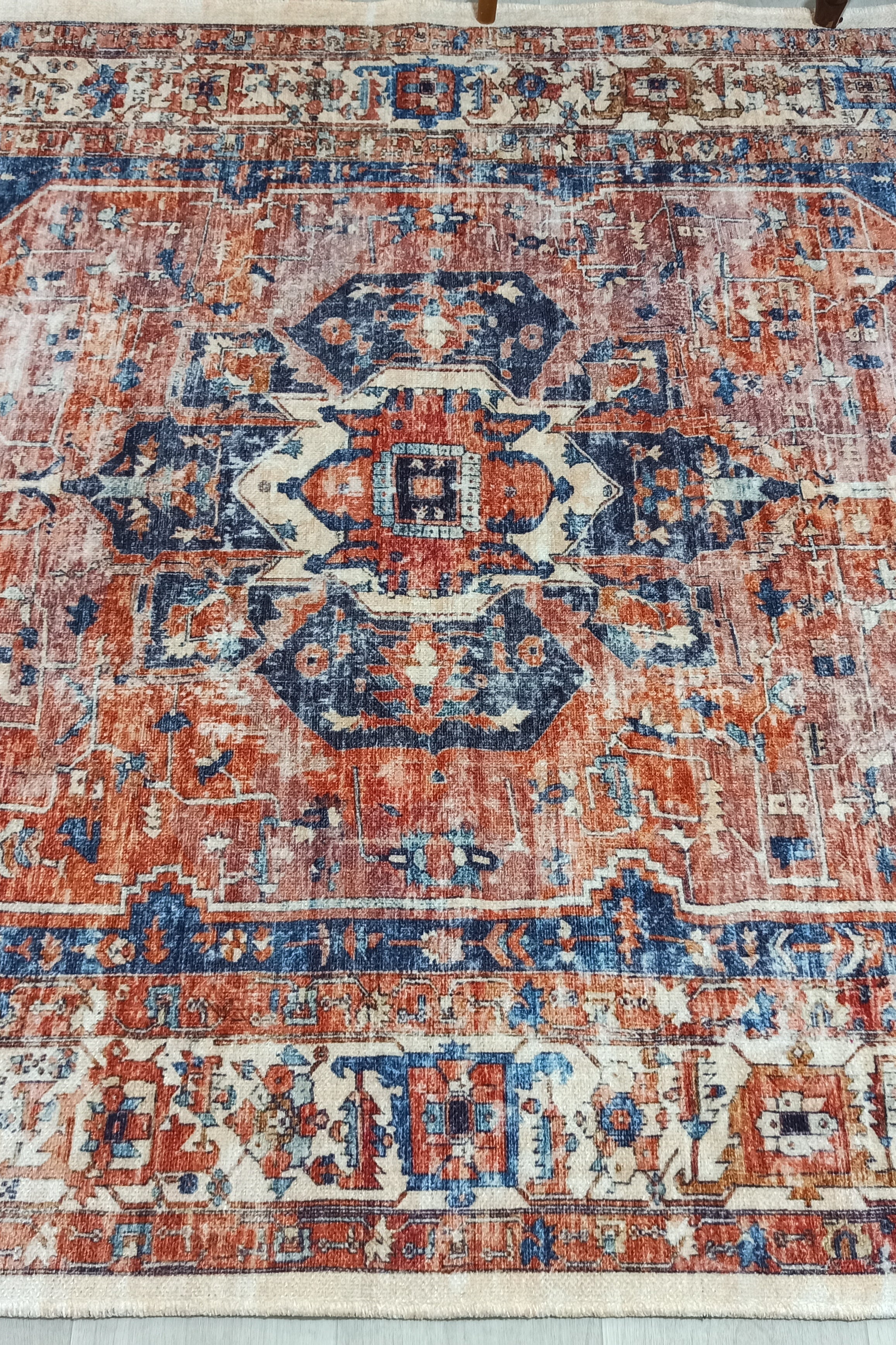 Sema Turkish Vintage Medallion Style Orange Navy Blue Rug