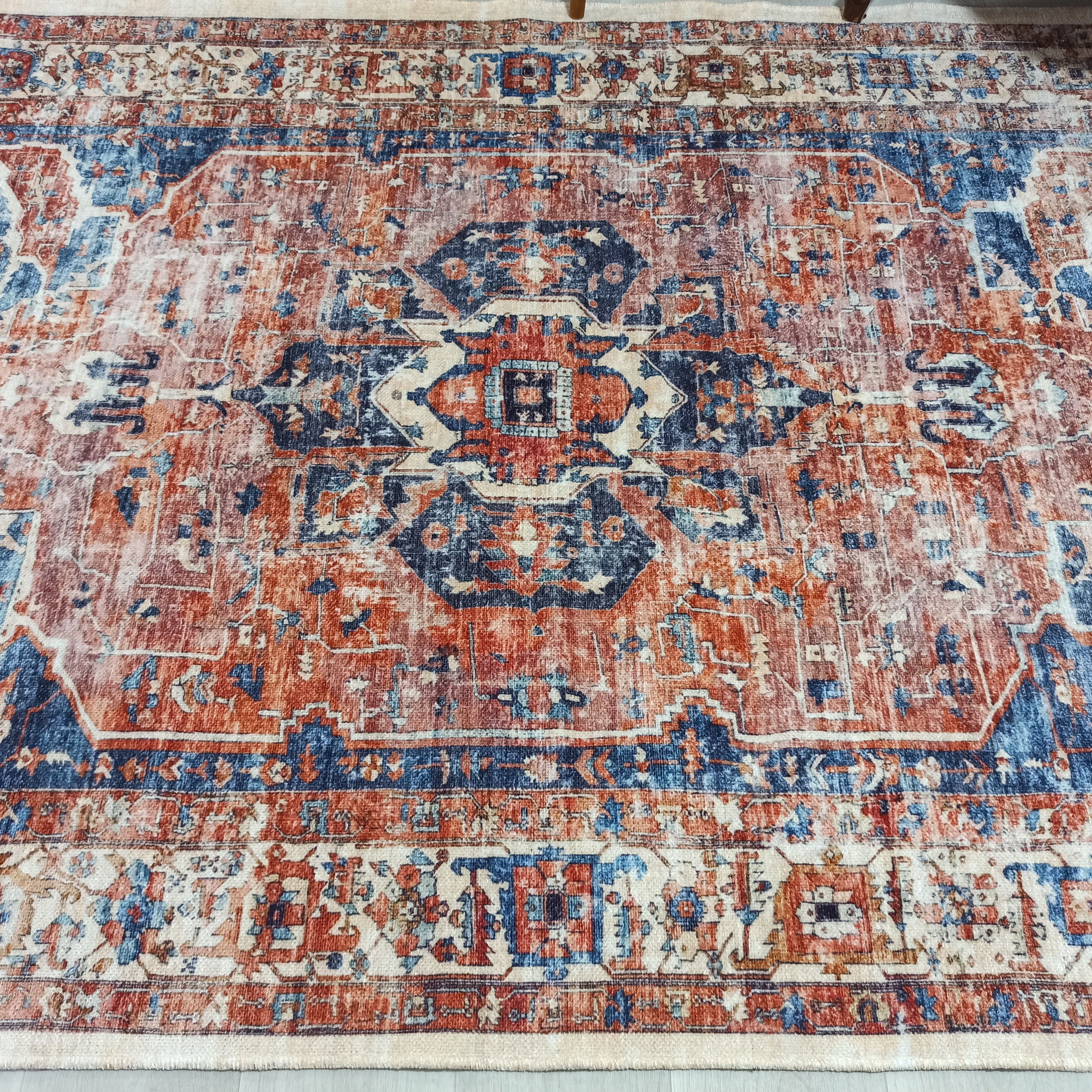 Sema Turkish Vintage Medallion Style Orange Navy Blue Rug