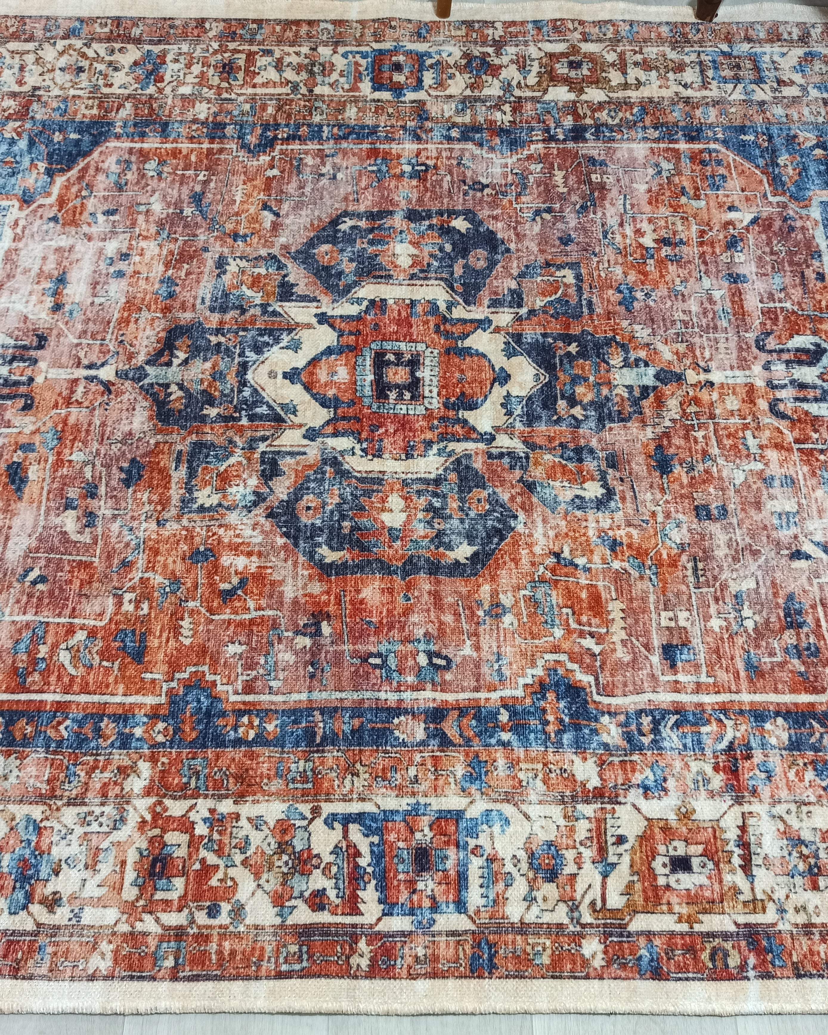 Sema Turkish Vintage Medallion Style Orange Navy Blue Rug