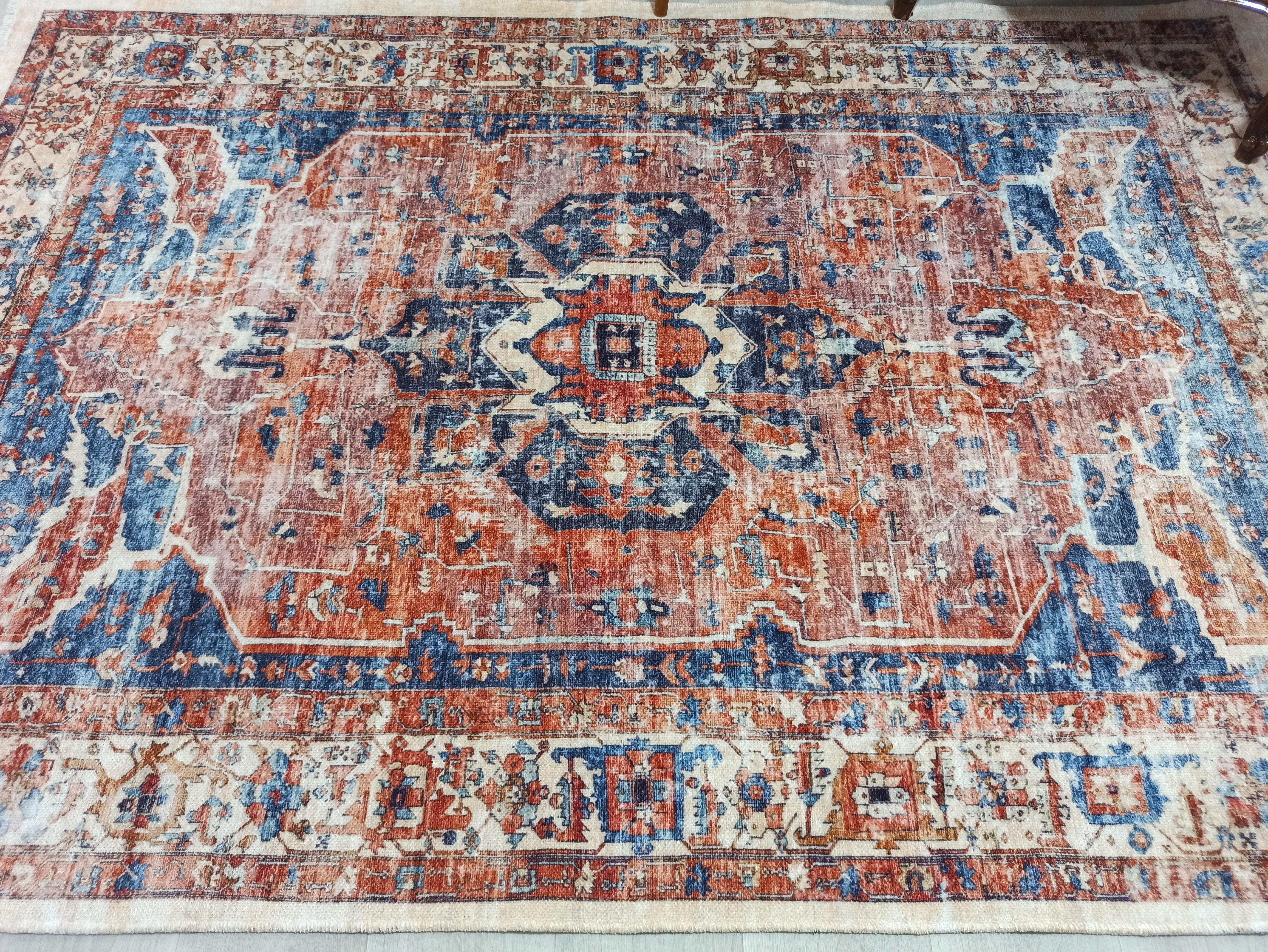 Sema Turkish Vintage Medallion Style Orange Navy Blue Rug