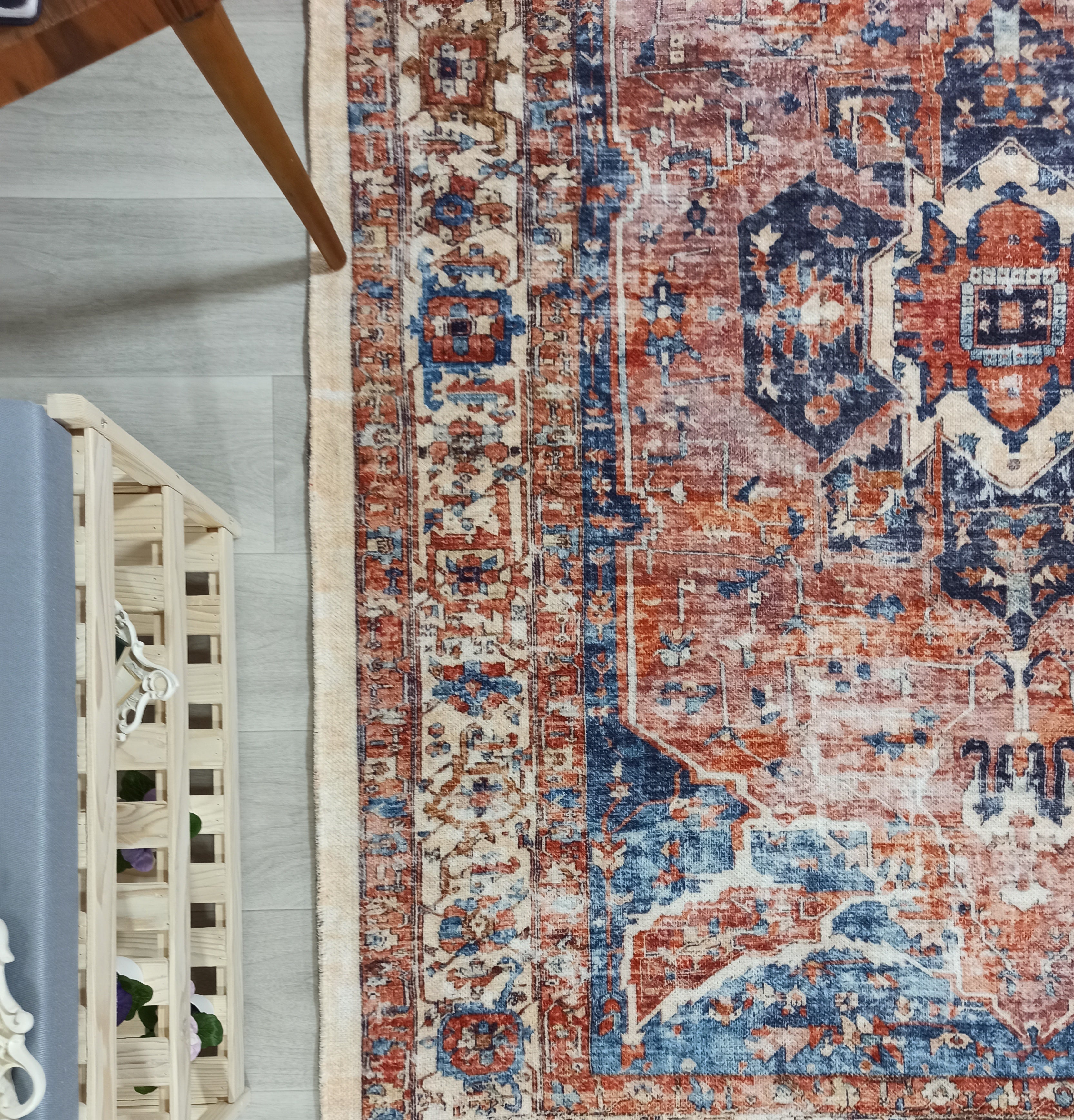 Sema Turkish Vintage Medallion Style Orange Navy Blue Rug