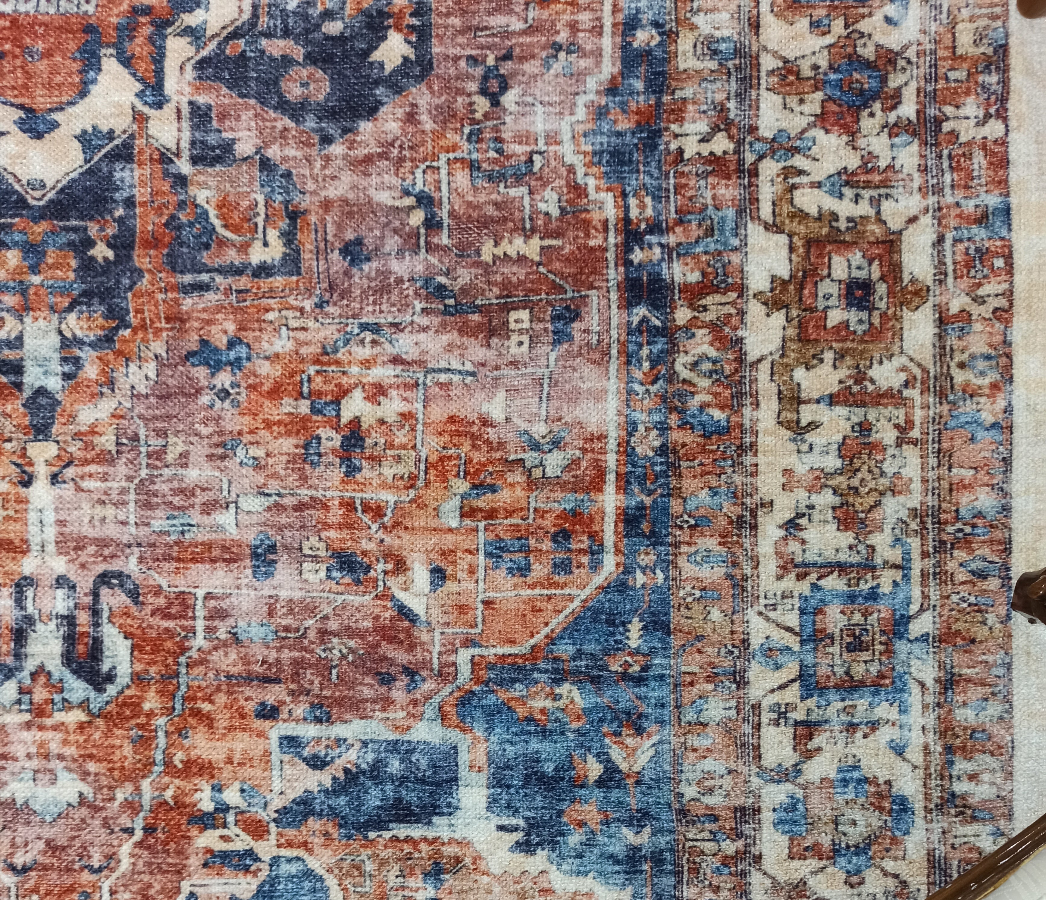 Sema Turkish Vintage Medallion Style Orange Navy Blue Rug