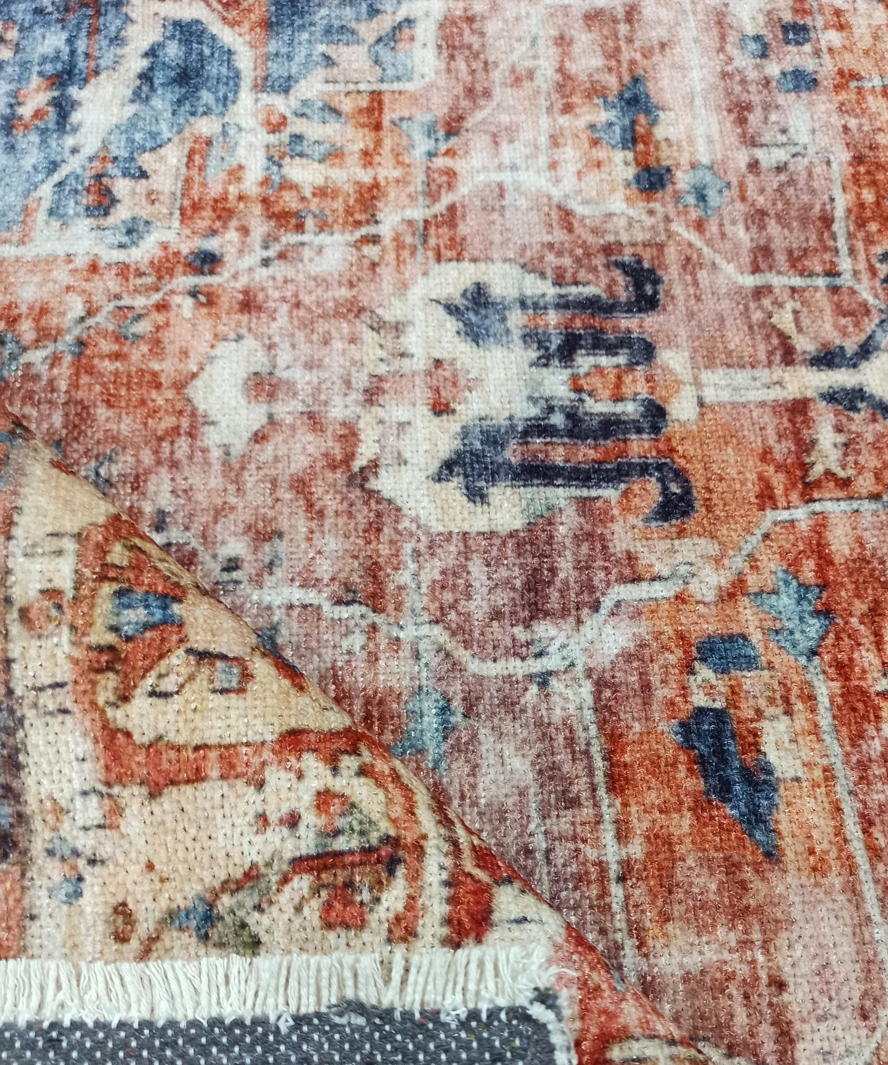 Sema Turkish Vintage Medallion Style Orange Navy Blue Rug