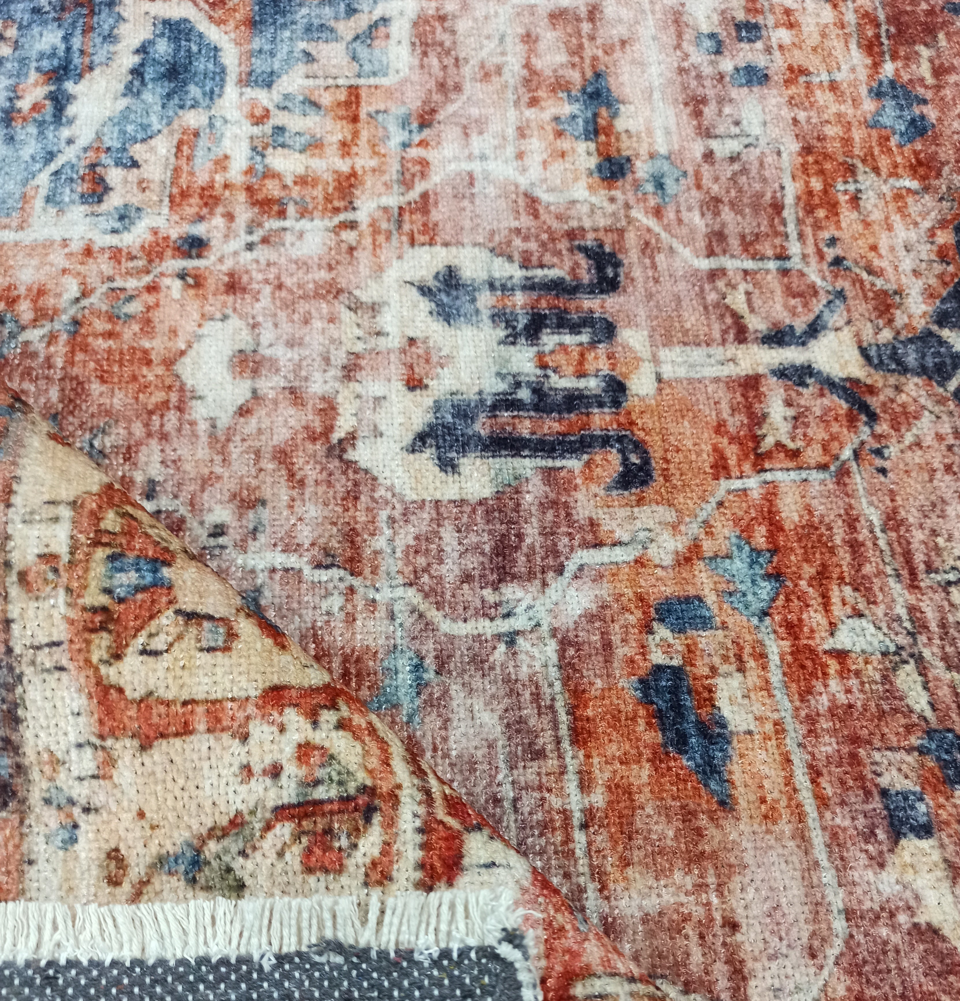 Sema Turkish Vintage Medallion Style Orange Navy Blue Rug