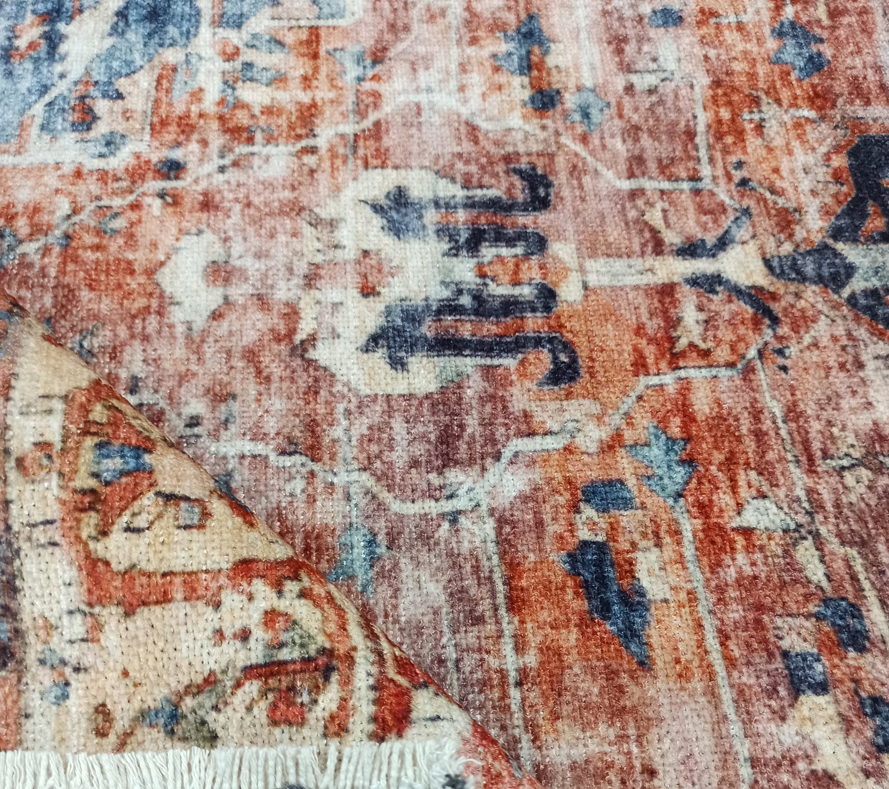 Sema Turkish Vintage Medallion Style Orange Navy Blue Rug