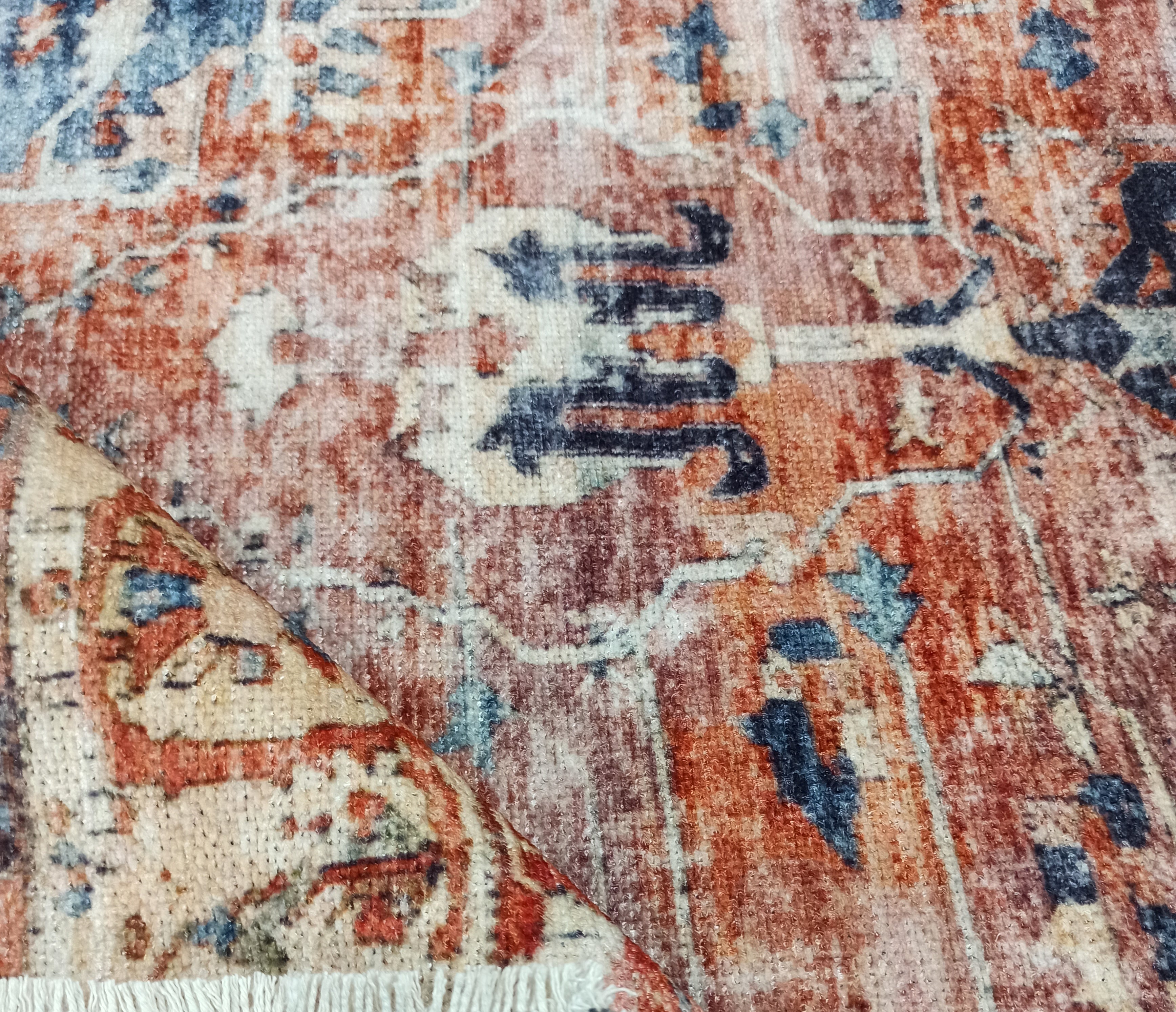 Sema Turkish Vintage Medallion Style Orange Navy Blue Rug