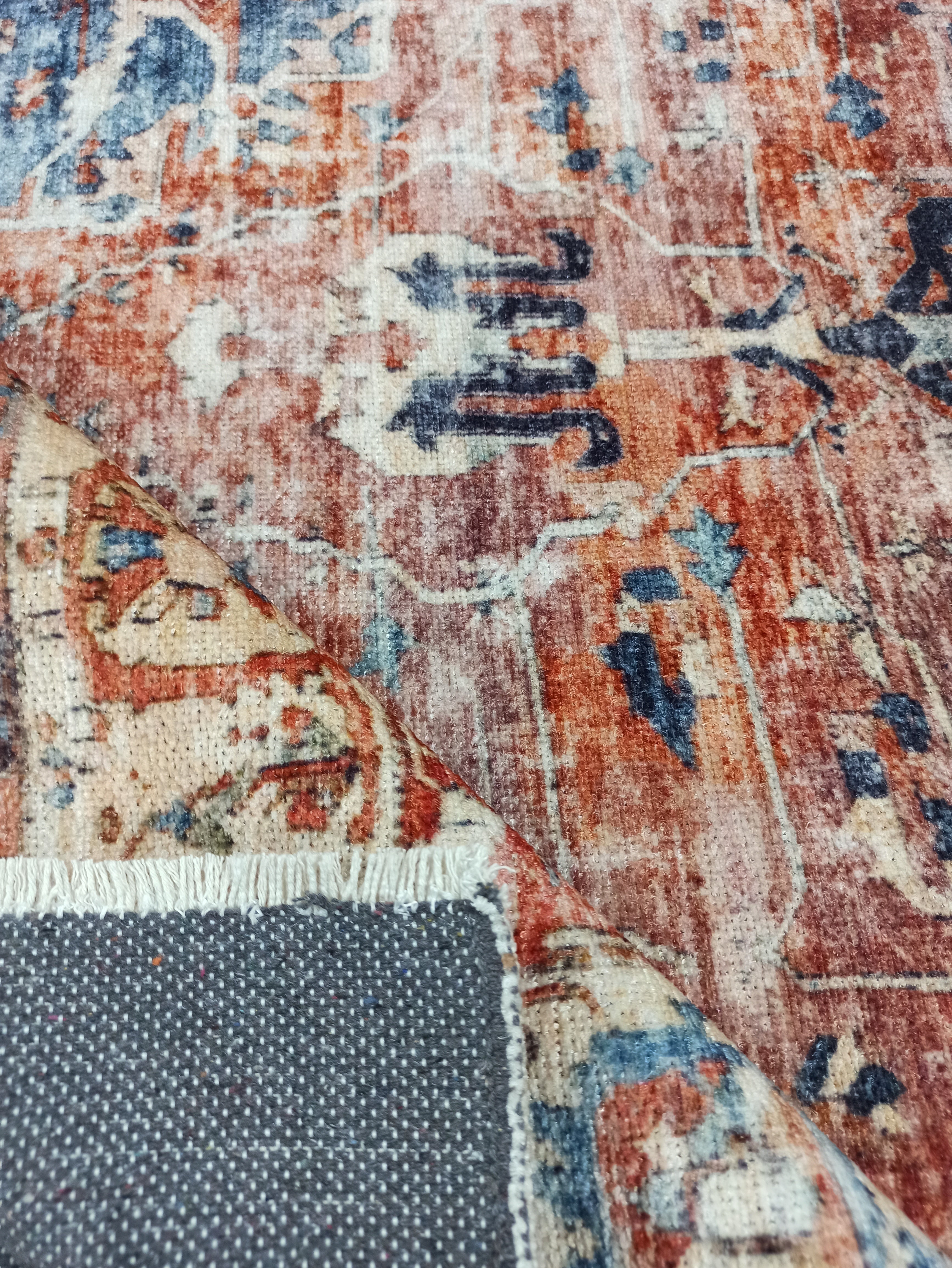 Sema Turkish Vintage Medallion Style Orange Navy Blue Rug