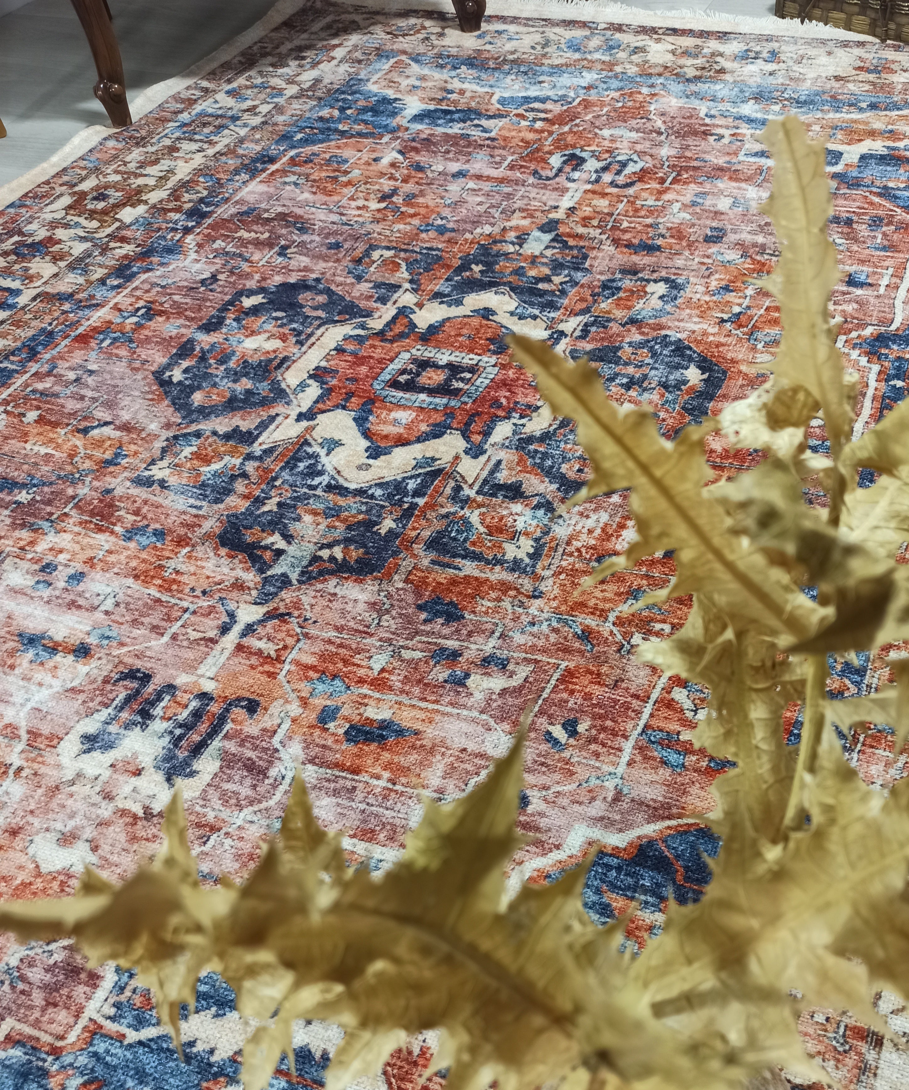 Sema Turkish Vintage Medallion Style Orange Navy Blue Rug