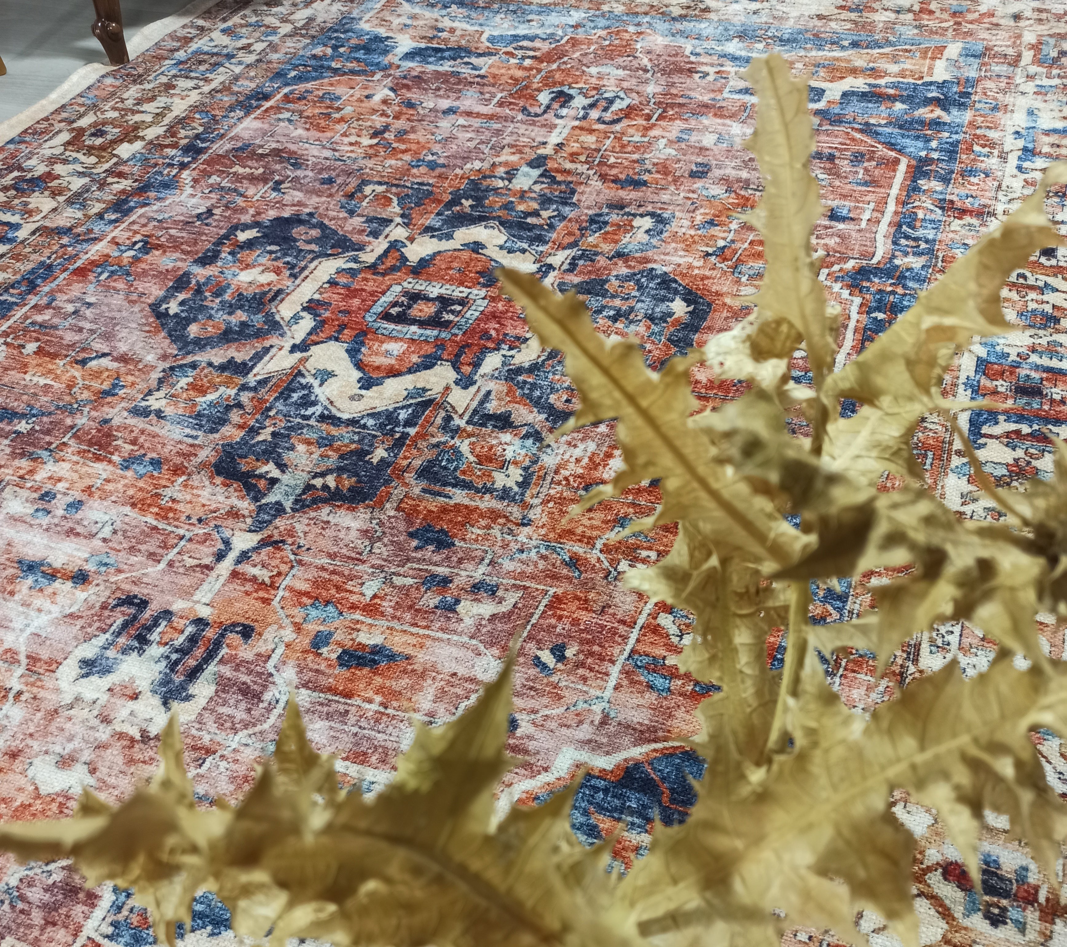 Sema Turkish Vintage Medallion Style Orange Navy Blue Rug