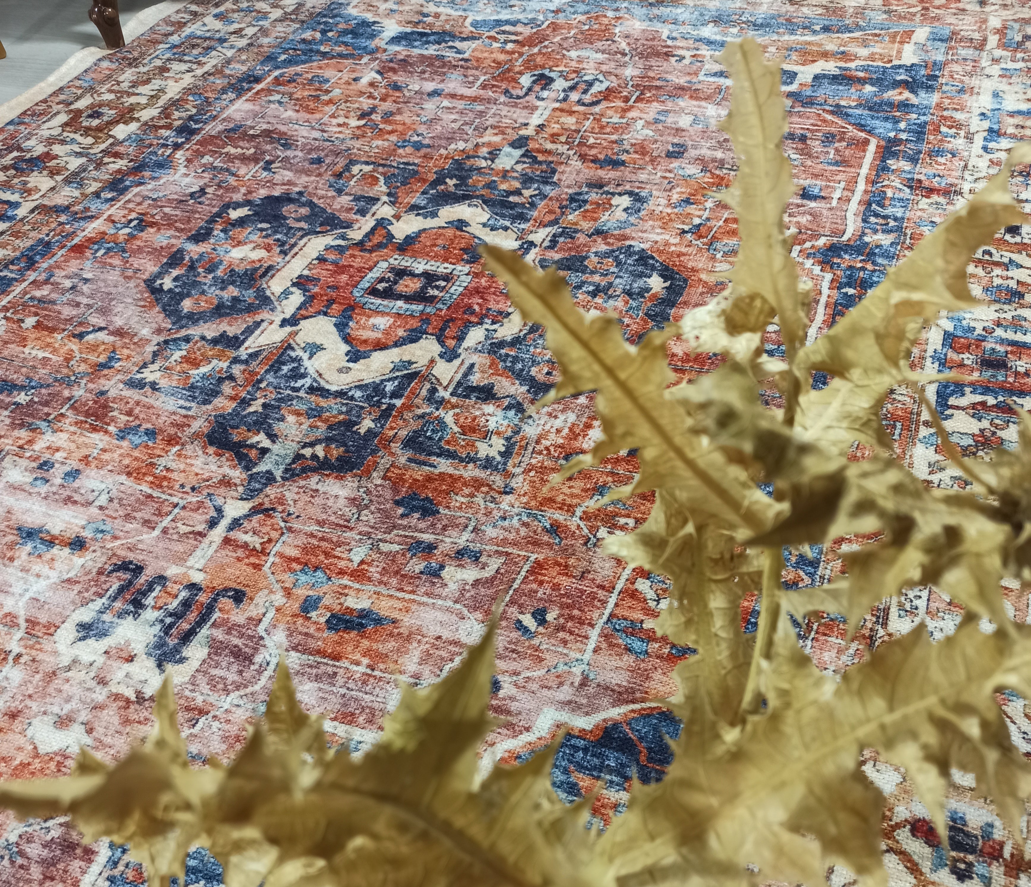 Sema Turkish Vintage Medallion Style Orange Navy Blue Rug