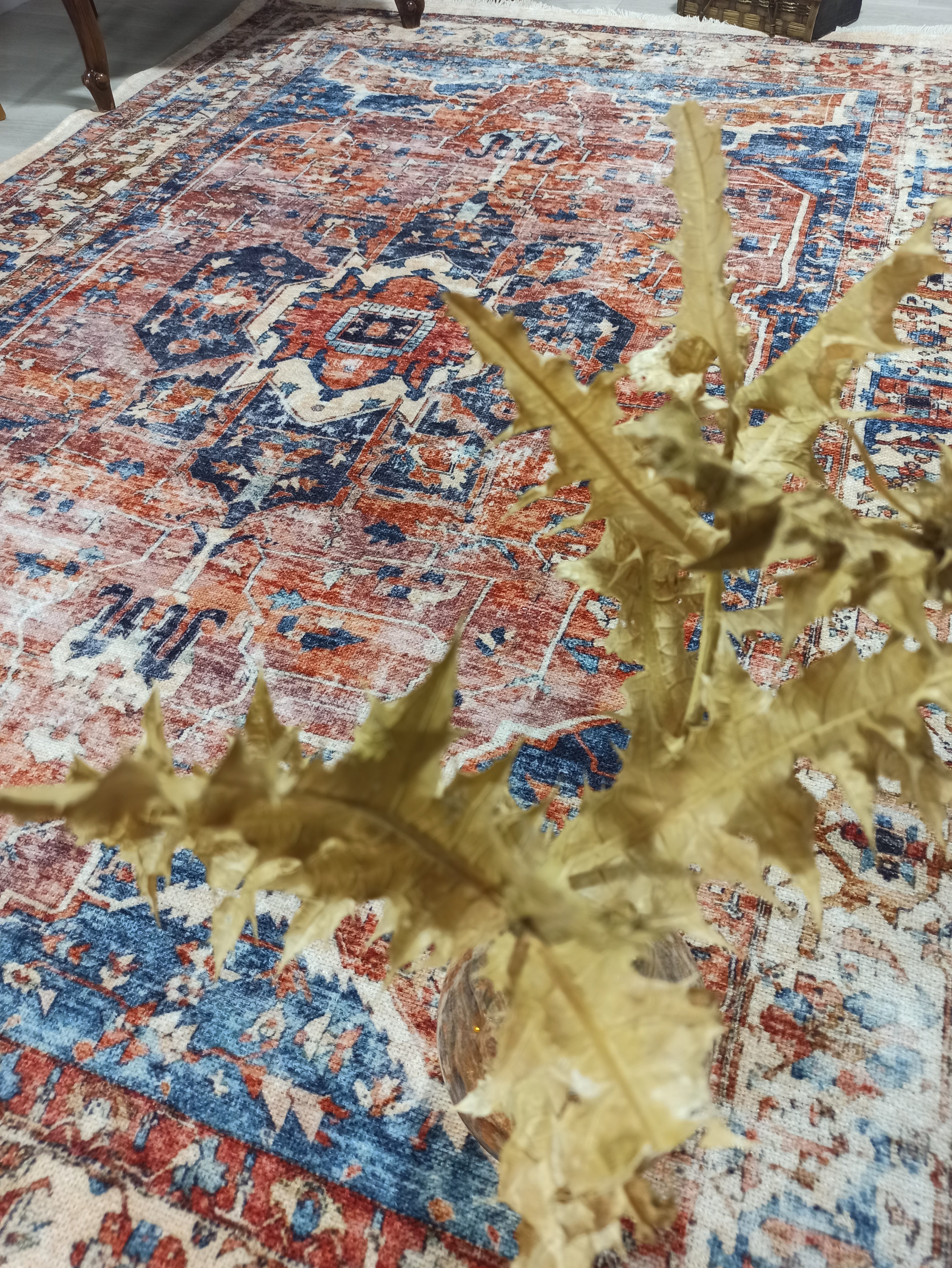 Sema Turkish Vintage Medallion Style Orange Navy Blue Rug