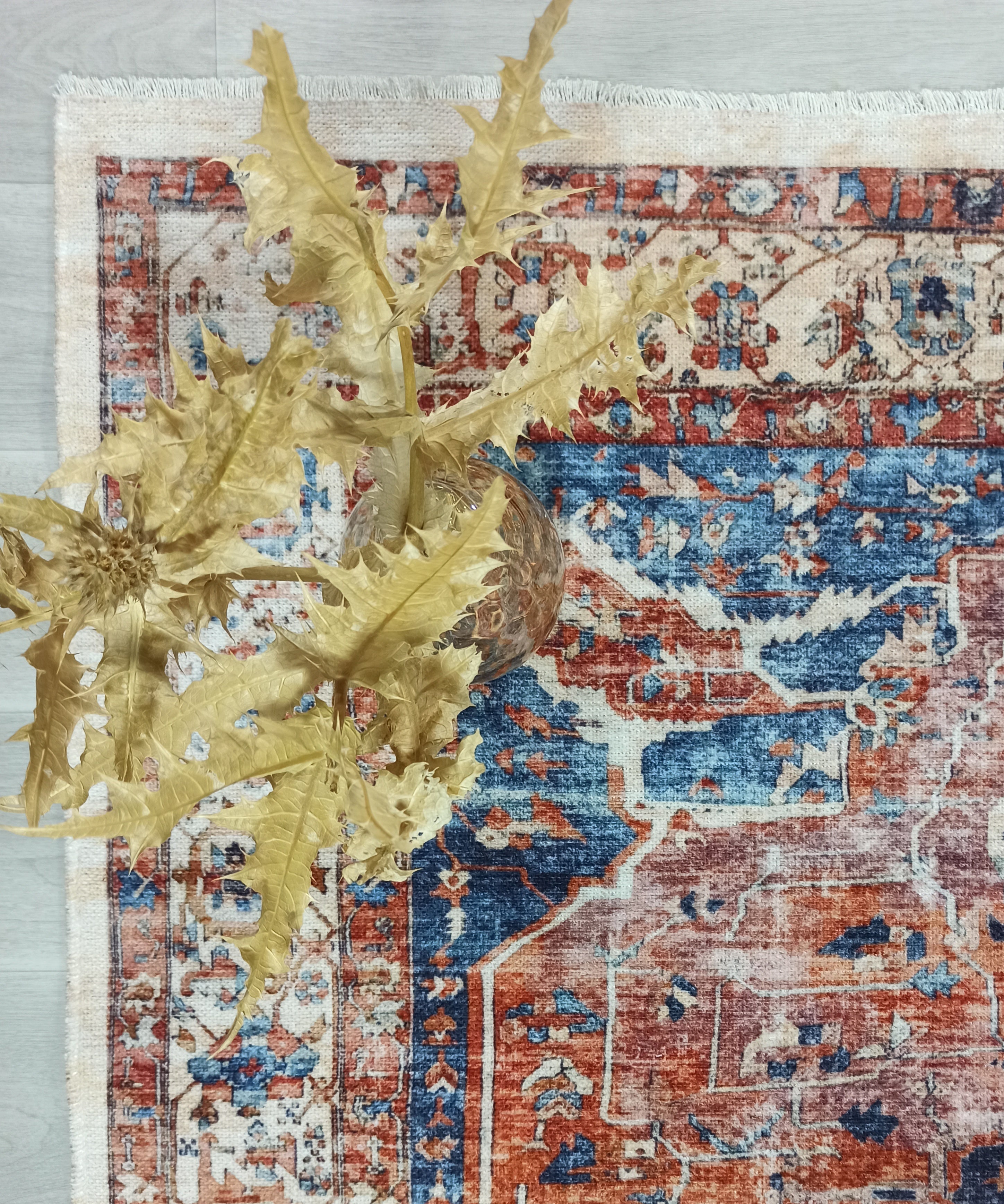 Sema Turkish Vintage Medallion Style Orange Navy Blue Rug