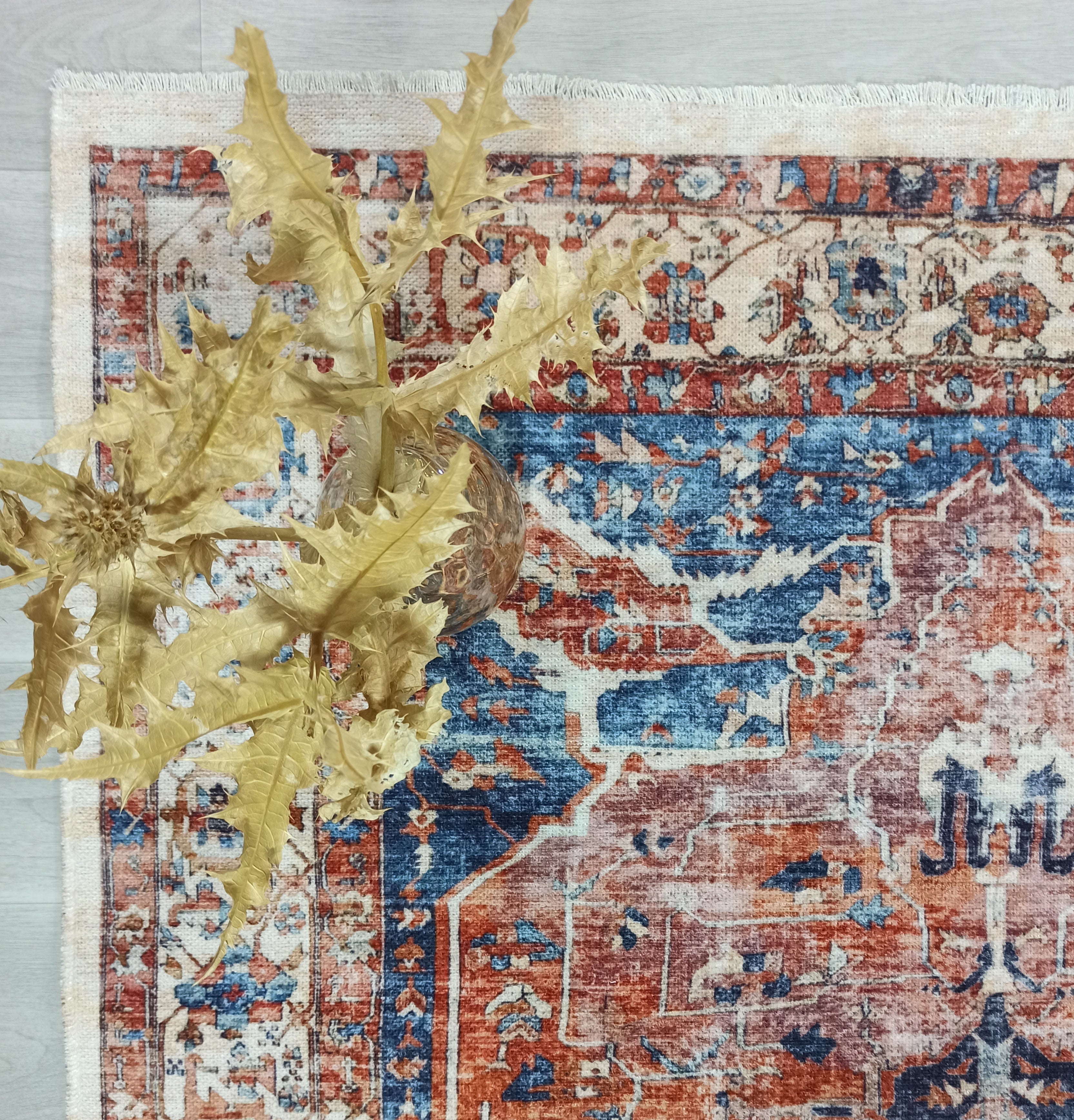 Sema Turkish Vintage Medallion Style Orange Navy Blue Rug